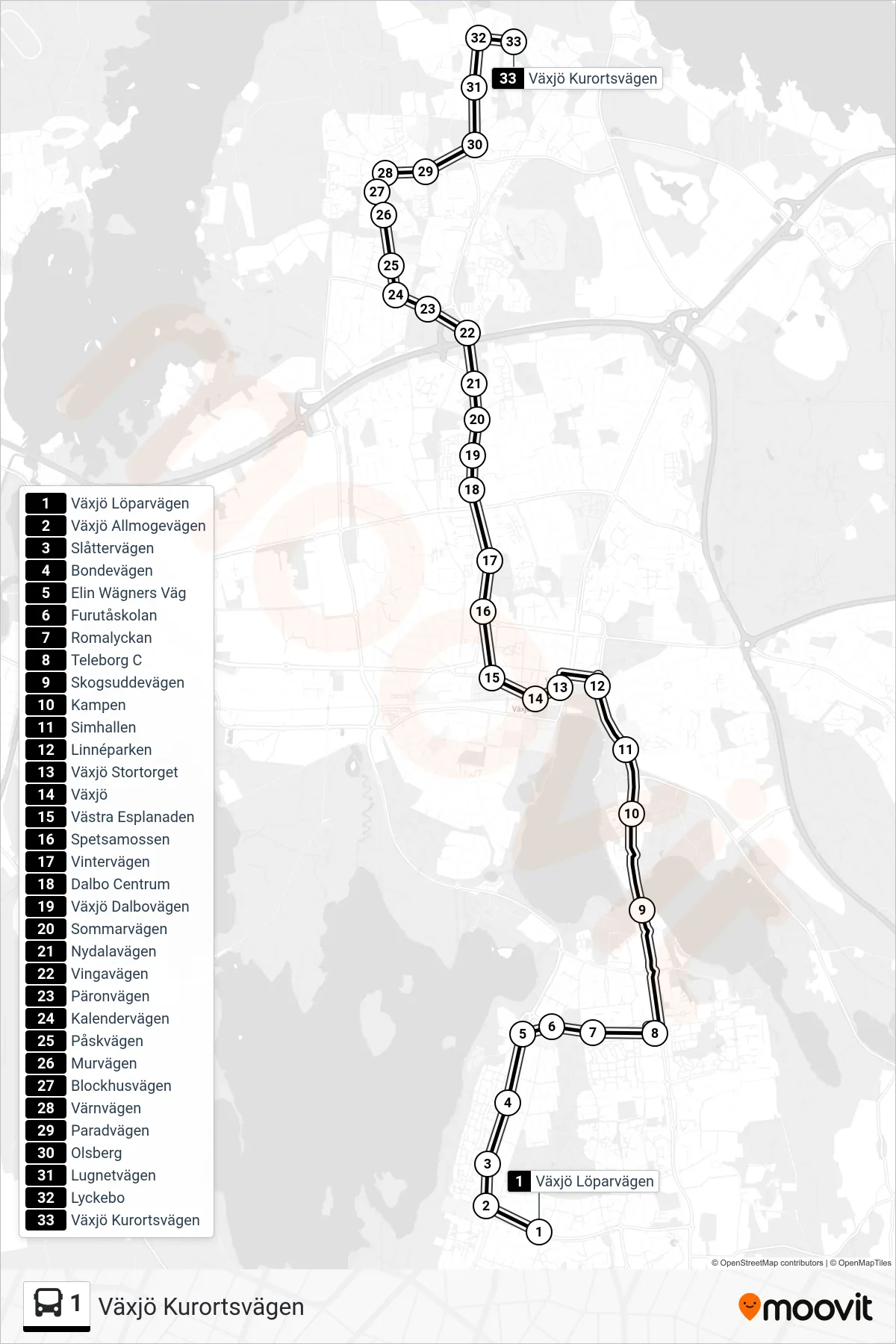 Rutt och hållplatser på karta för linje 1 buss, (Växjö Kurortsvägen)