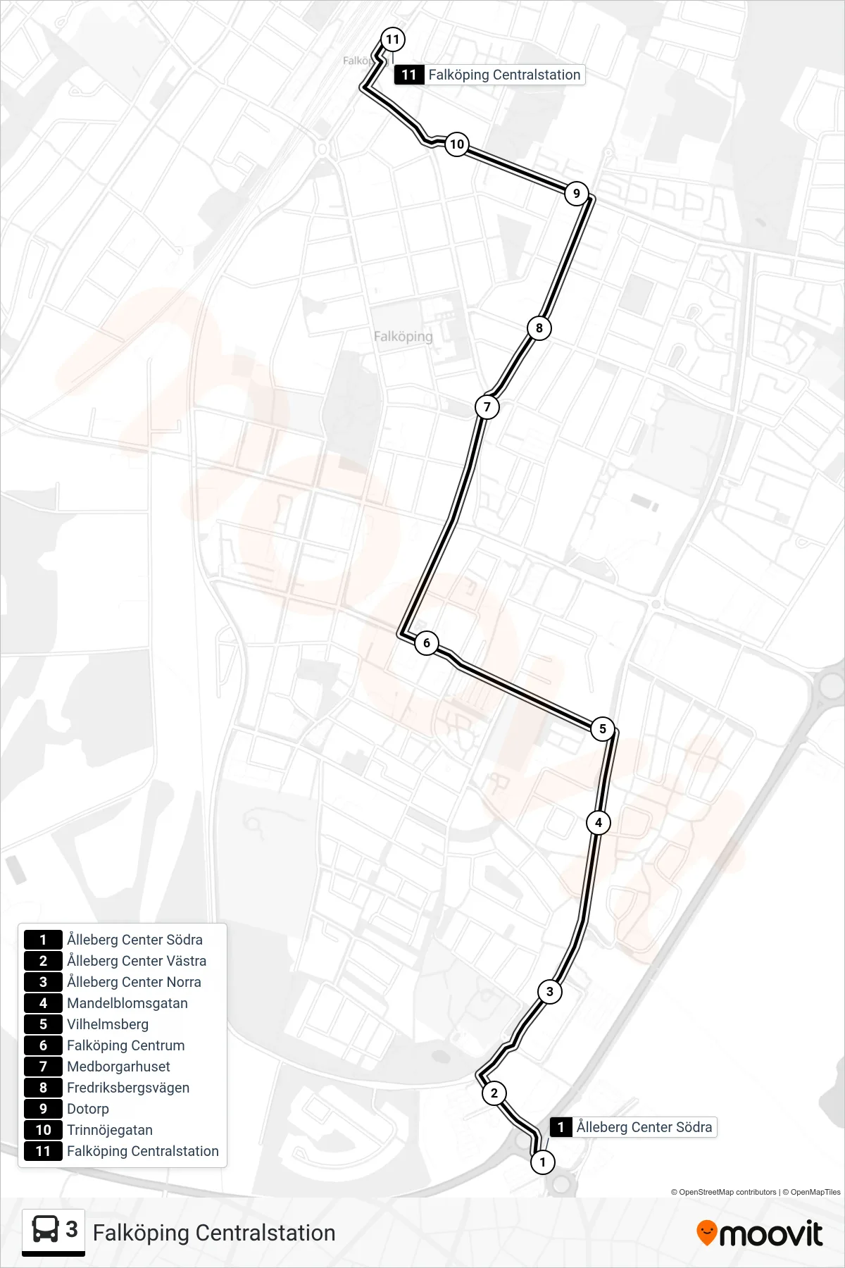 Rutt och hållplatser på karta för linje 3 buss, (Falköping Centralstation)