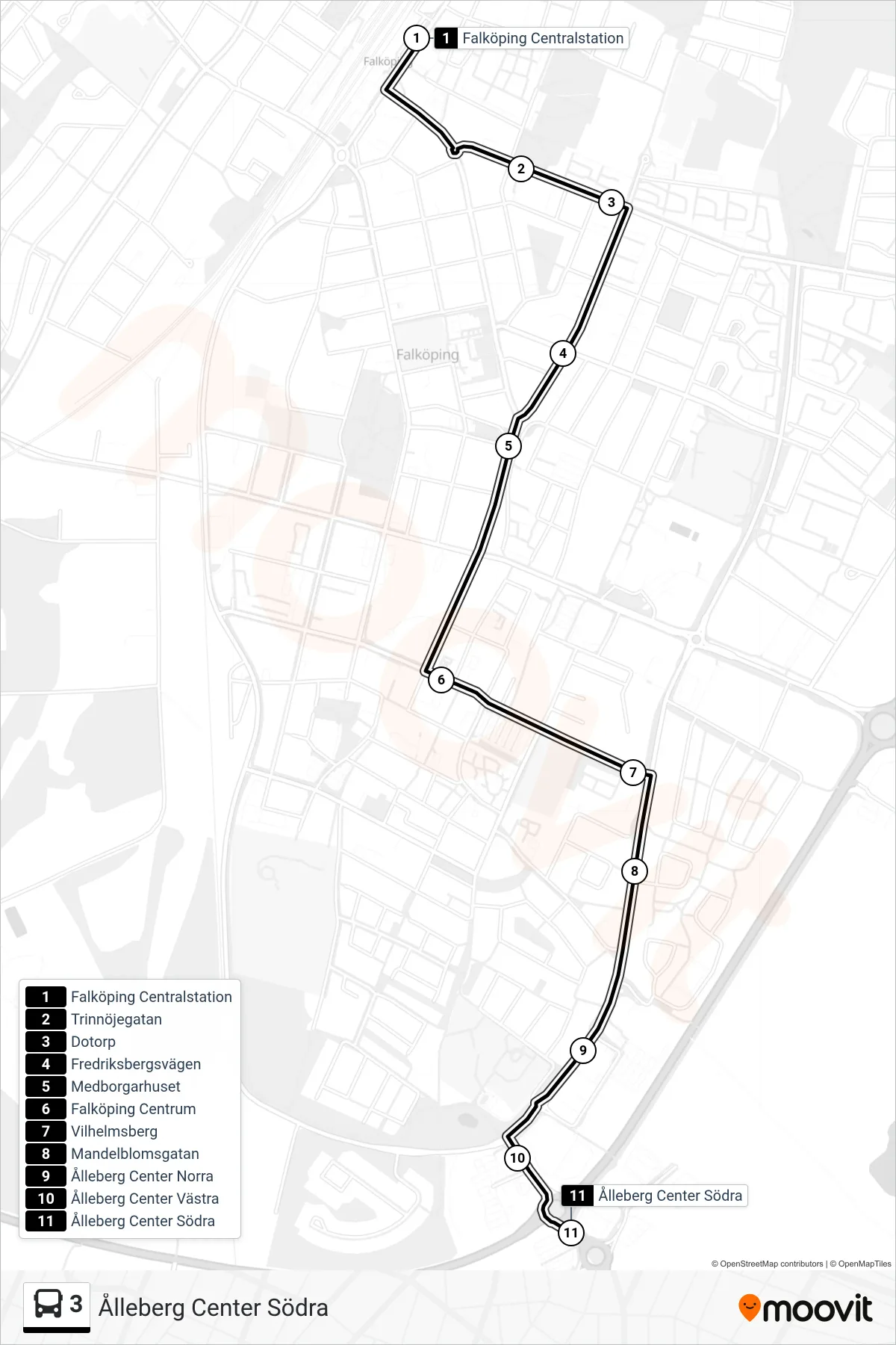 Rutt och hållplatser på karta för linje 3 buss, (Ålleberg Center Södra)