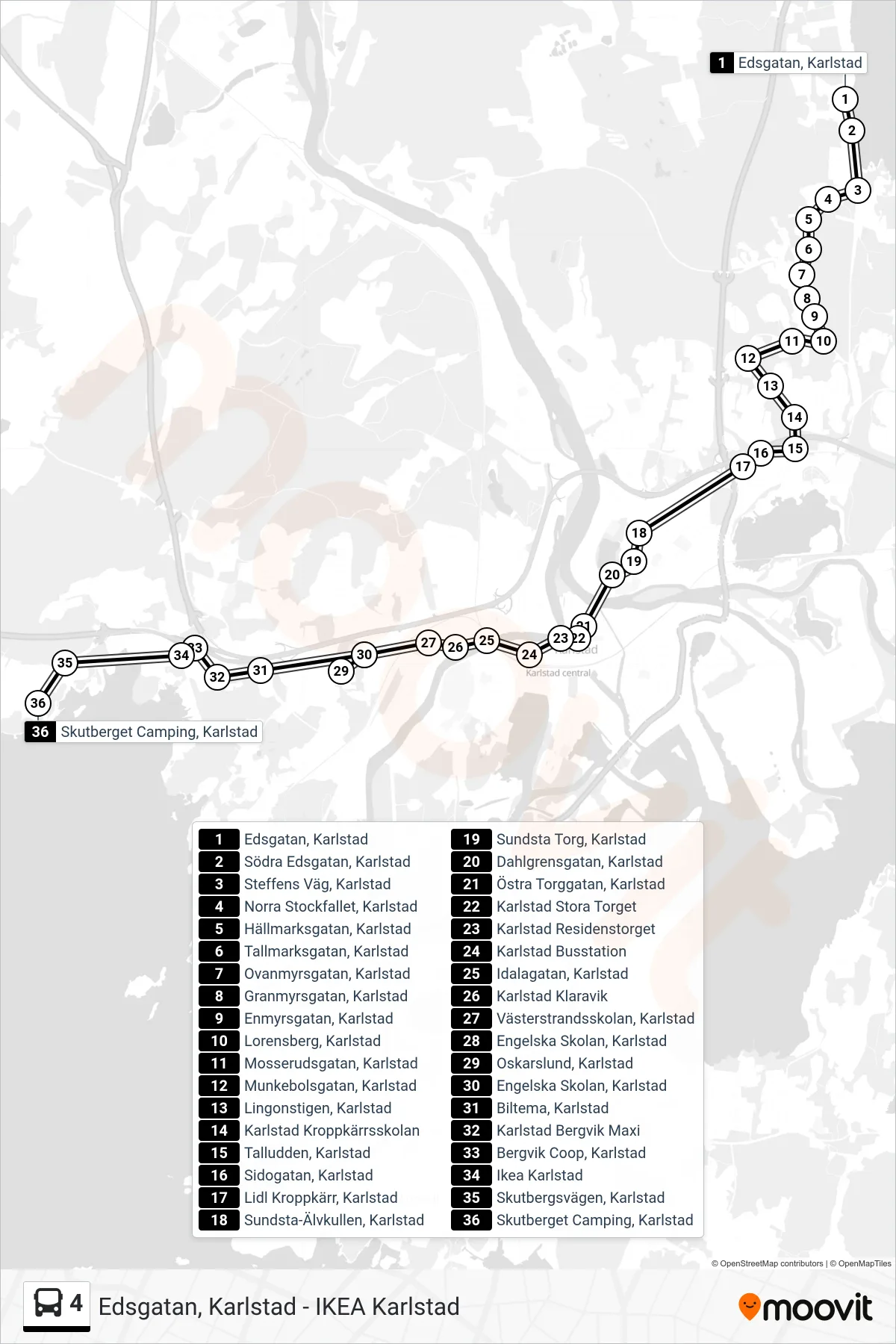 Rutt och hållplatser på karta för linje 4  buss, (Skutberget Camping, Karlstad)
