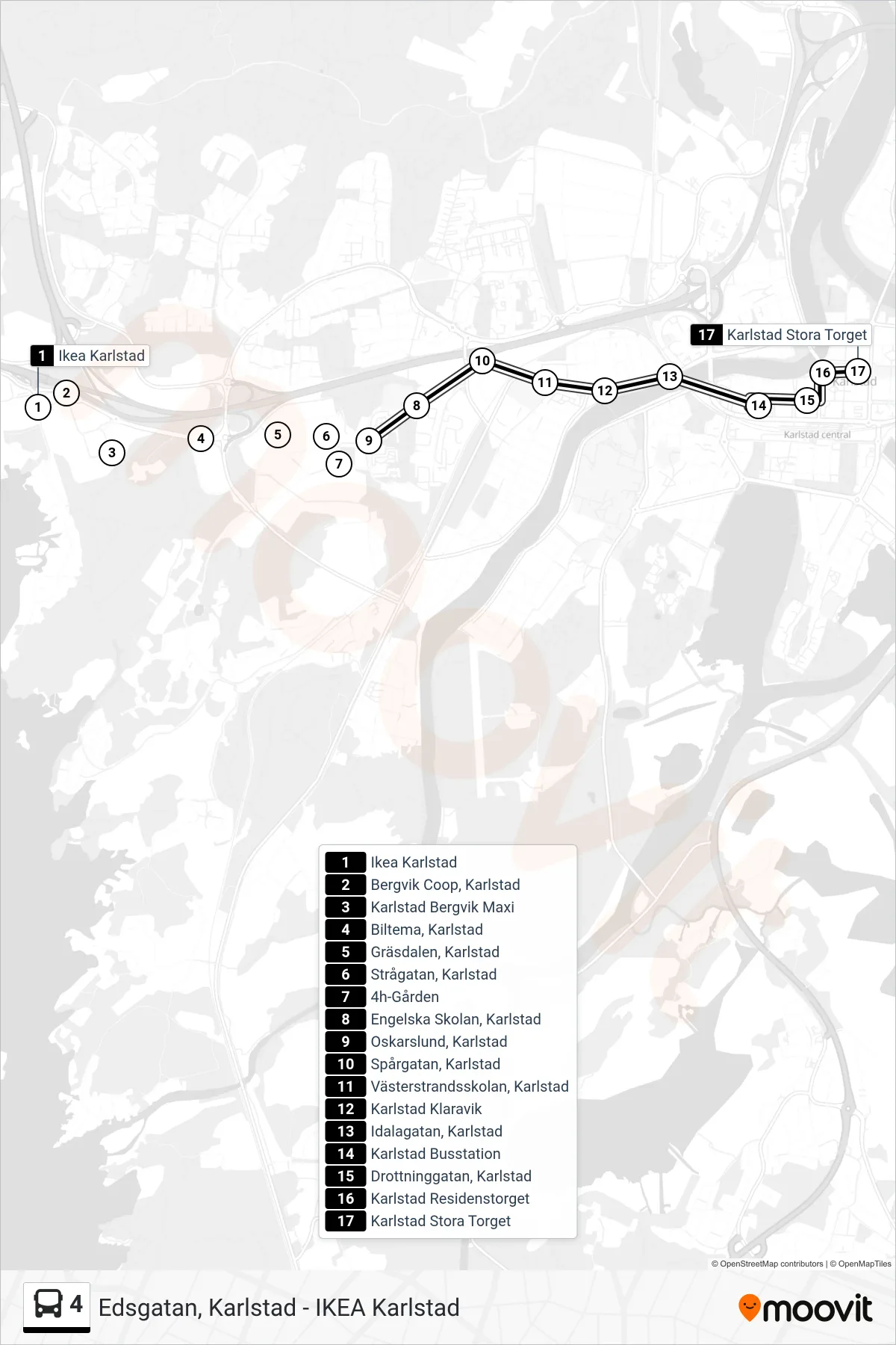 Rutt och hållplatser på karta för linje 4 buss, (Karlstad Stora Torget)