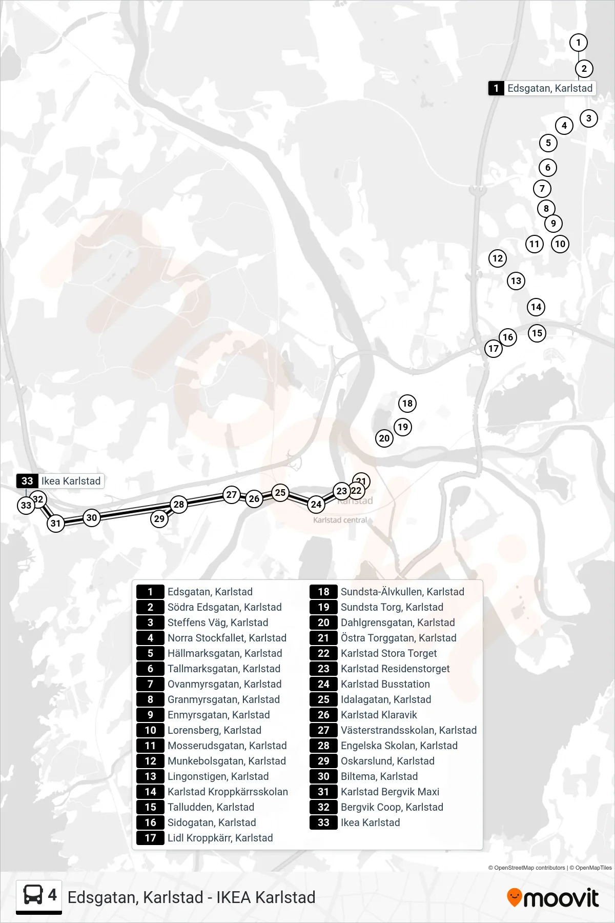 Rutt och hållplatser på karta för linje 4  buss, (Ikea Karlstad)