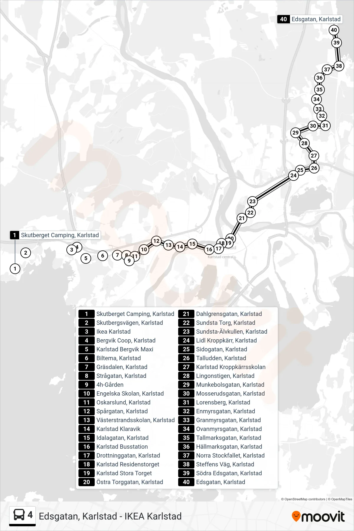 Rutt och hållplatser på karta för linje 4  buss, (Edsgatan, Karlstad)