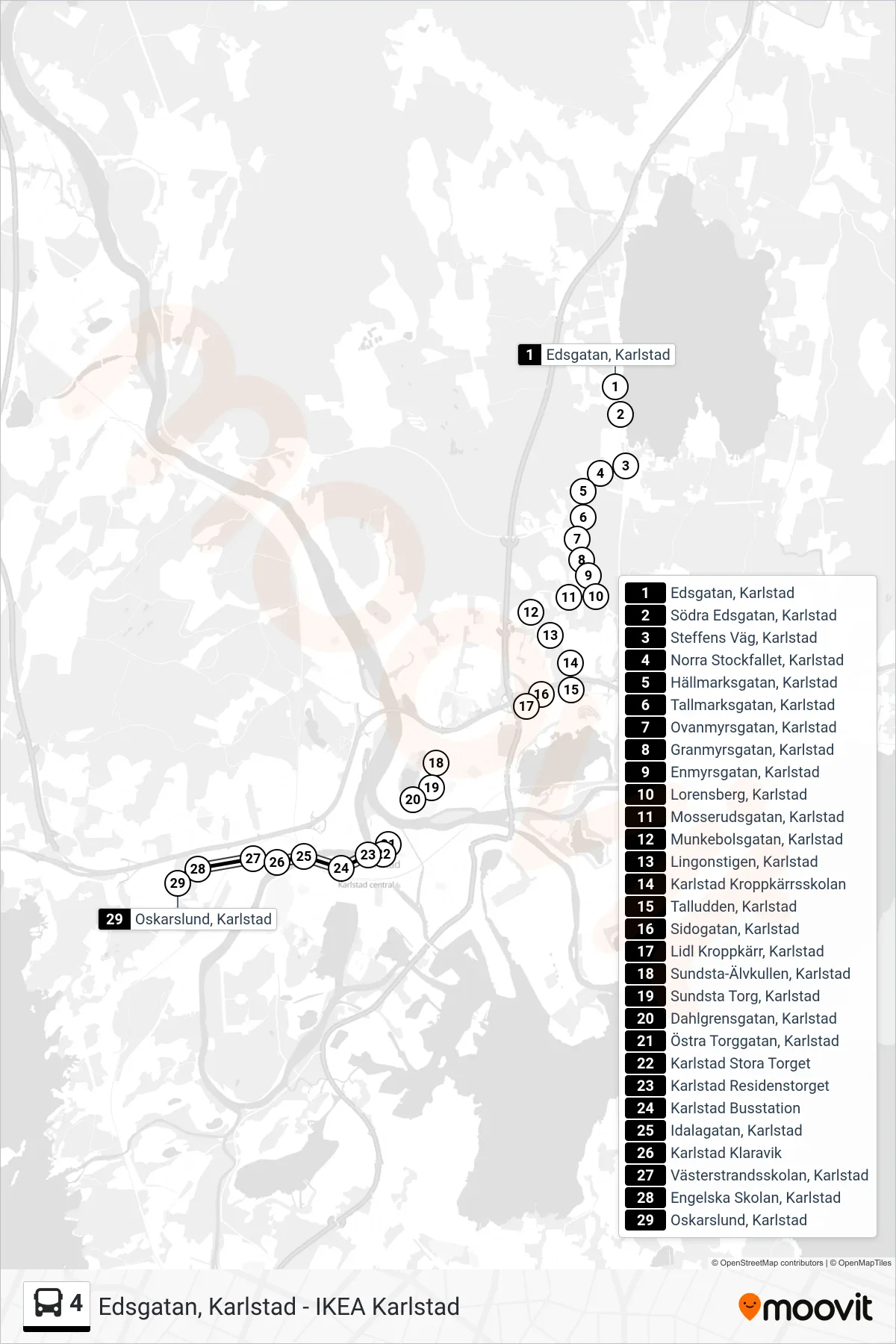 Rutt och hållplatser på karta för linje 4 buss, (Oskarslund, Karlstad)