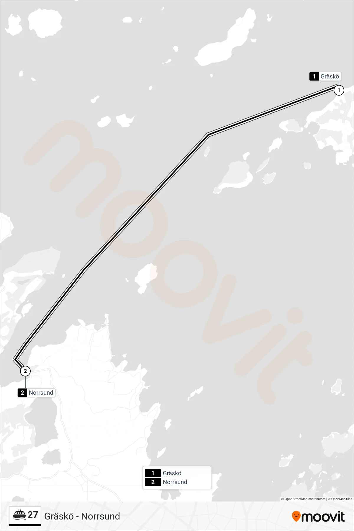 Rutt och hållplatser på karta för linje 27  färja, (Norrsund)