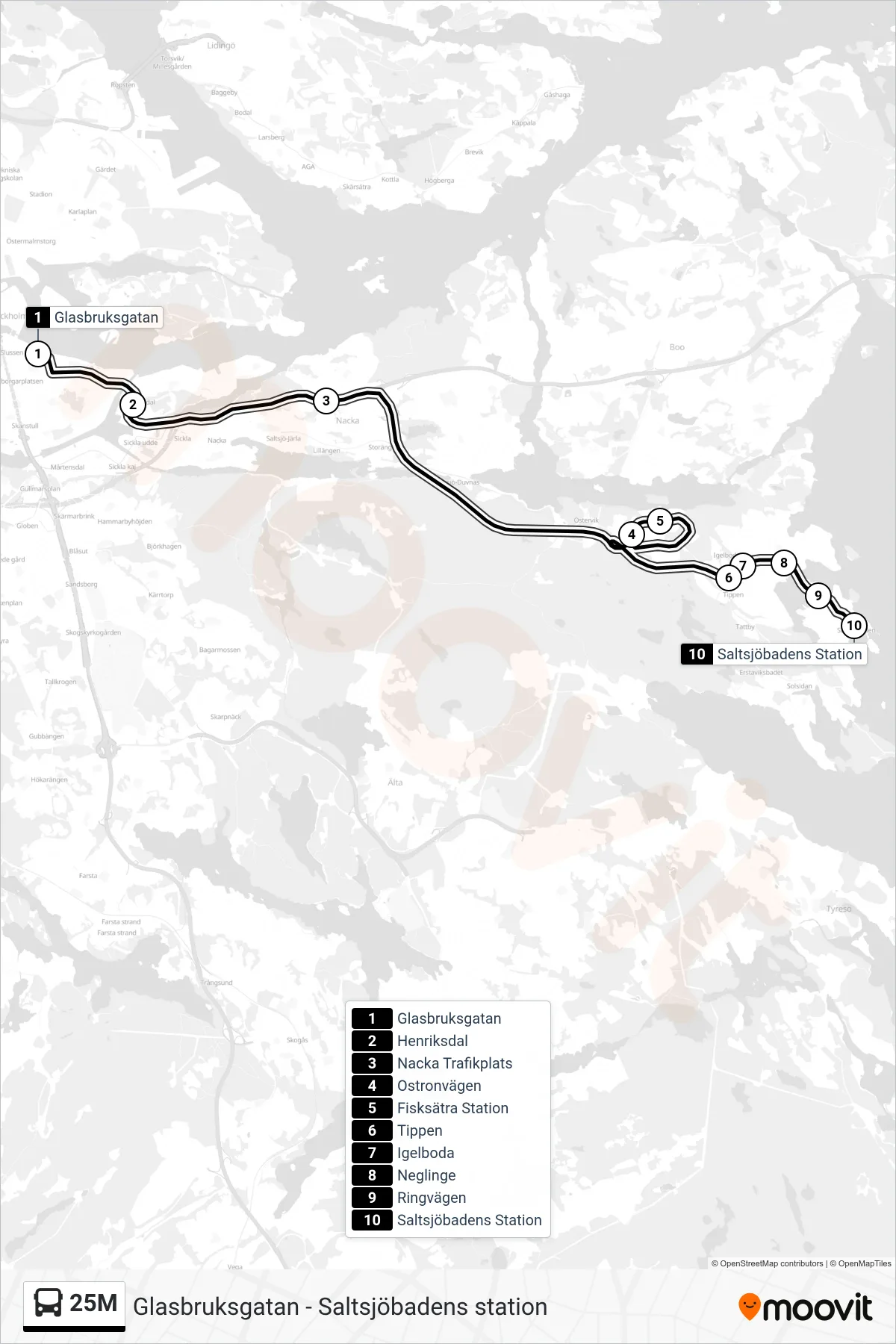 Rutt och hållplatser på karta för linje 25M buss, (Saltsjöbadens Station)