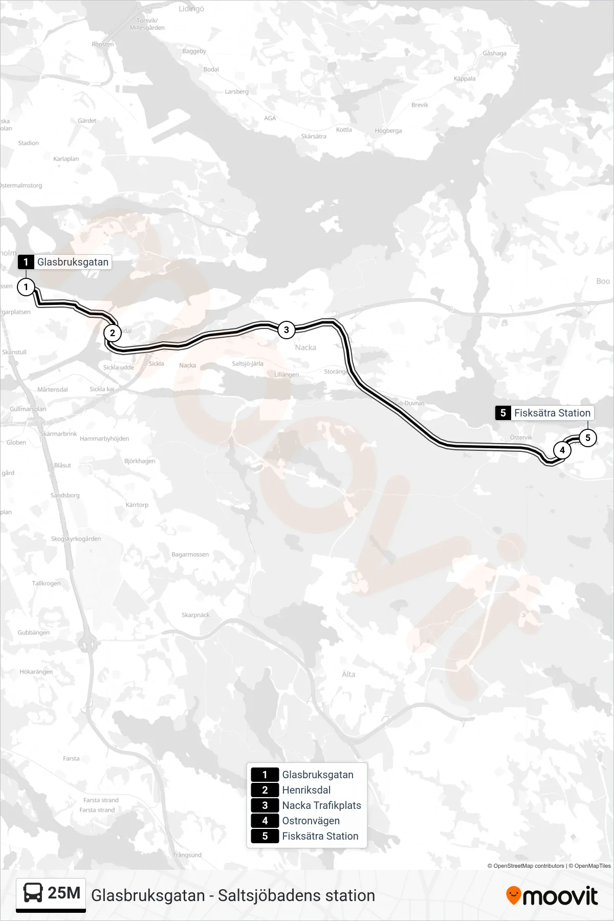 Rutt och hållplatser på karta för linje 25M buss, (Fisksätra Station)