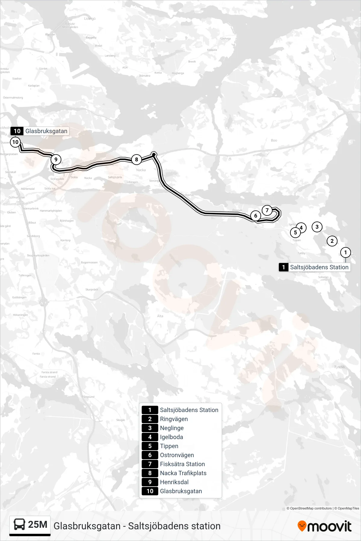 Rutt och hållplatser på karta för linje 25M  buss, (Glasbruksgatan)