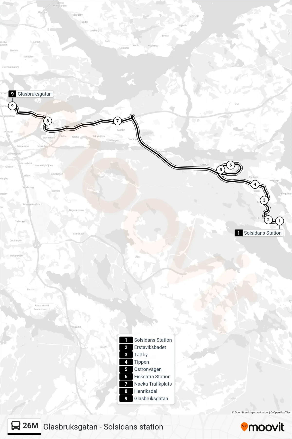 Rutt och hållplatser på karta för linje 26M  buss, (Glasbruksgatan)