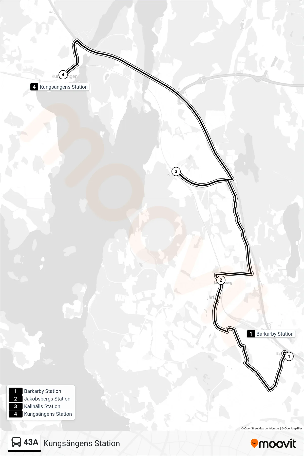 Rutt och hållplatser på karta för linje 43A buss, (Kungsängens Station)