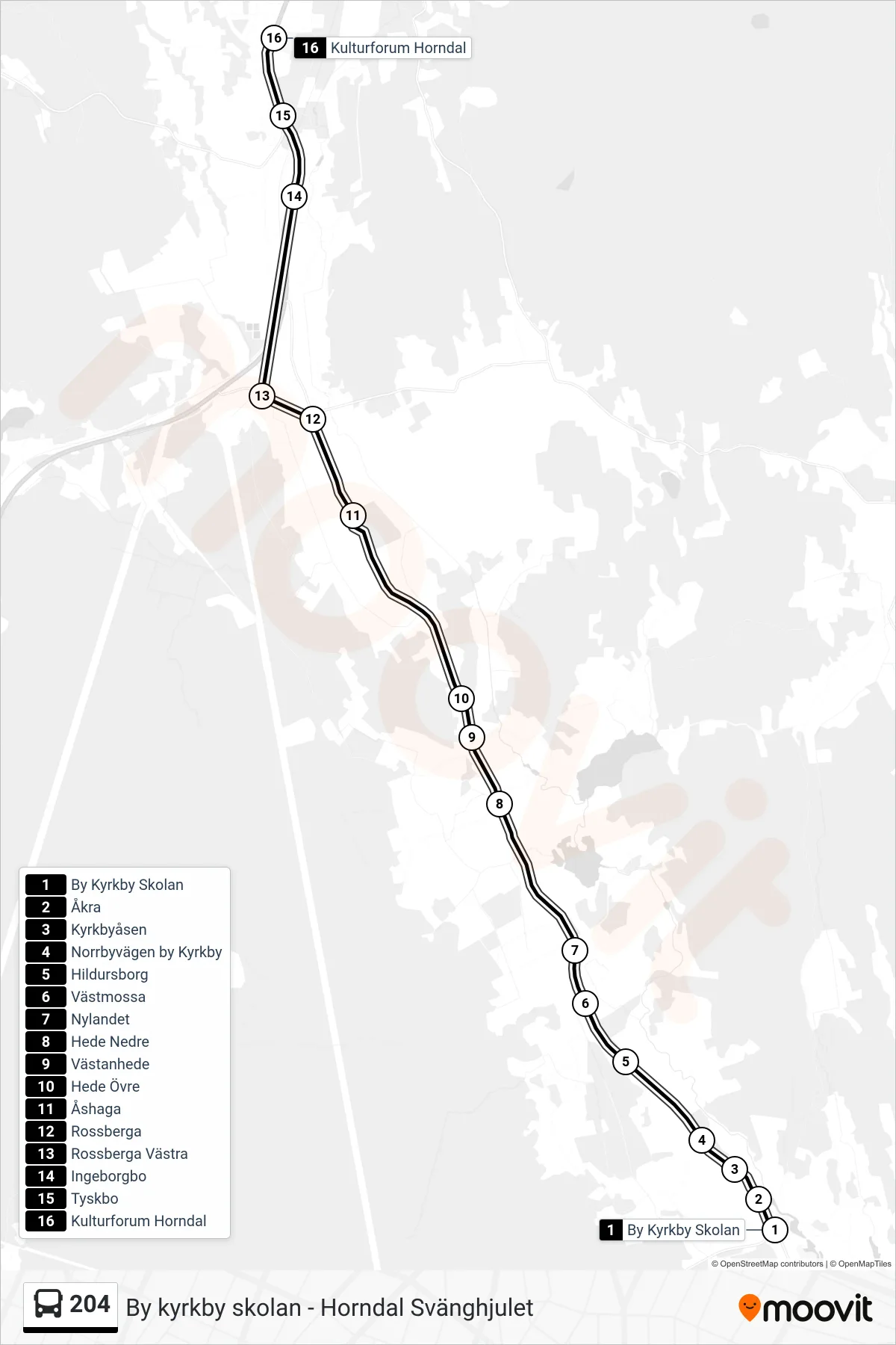 Rutt och hållplatser på karta för linje 204 buss, (Kulturforum Horndal)