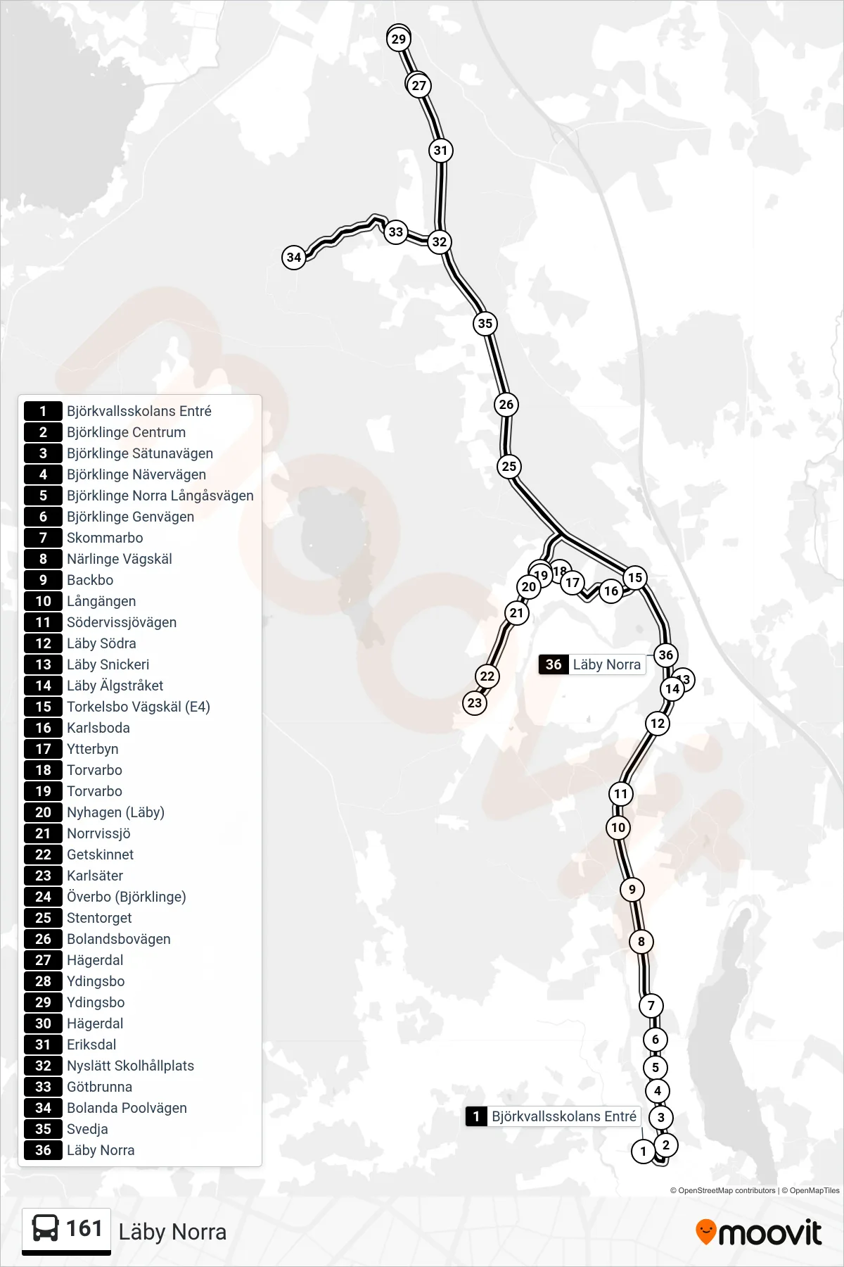 Rutt och hållplatser på karta för linje 161  buss, (Läby Norra)