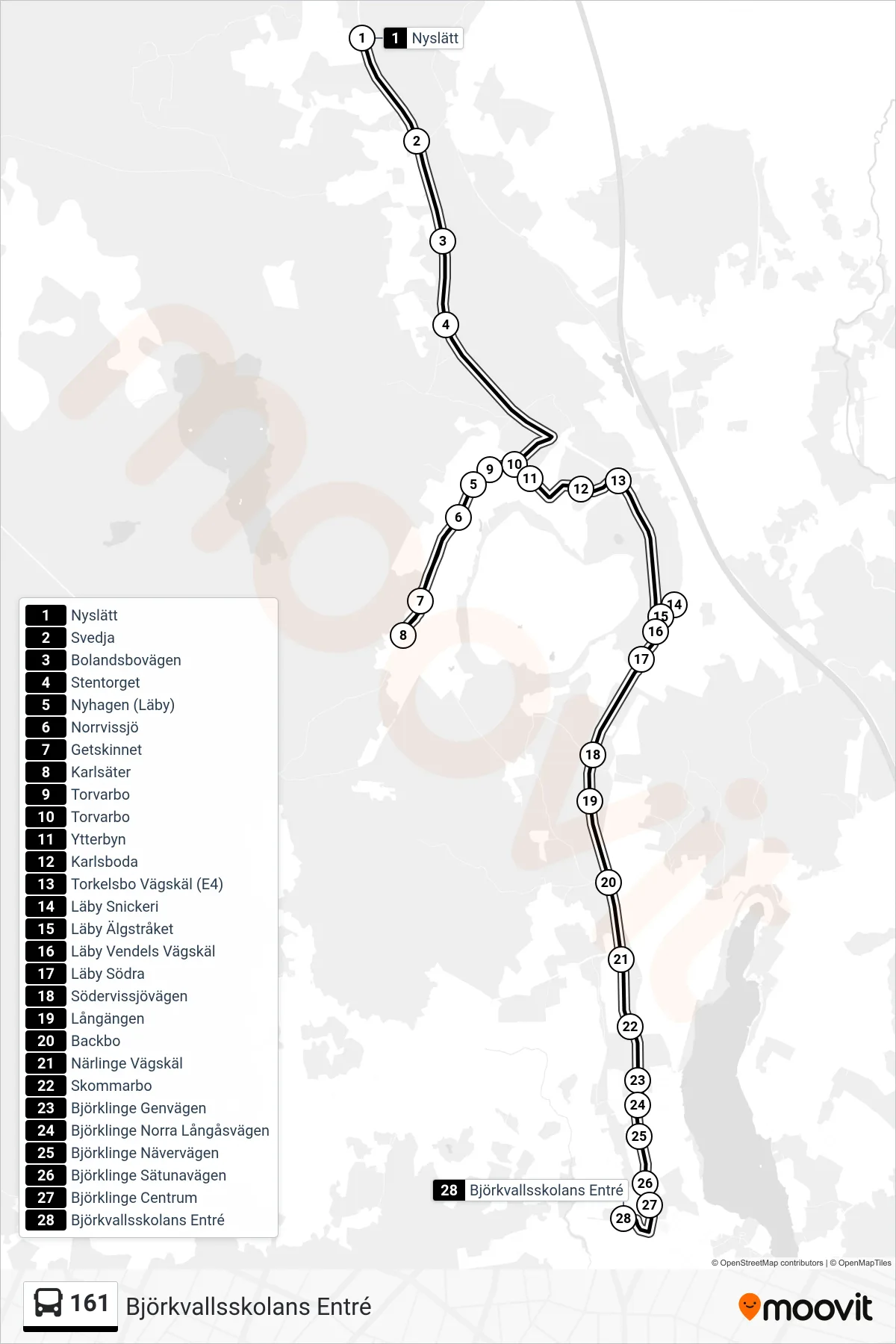 Rutt och hållplatser på karta för linje 161  buss, (Björkvallsskolans Entré)