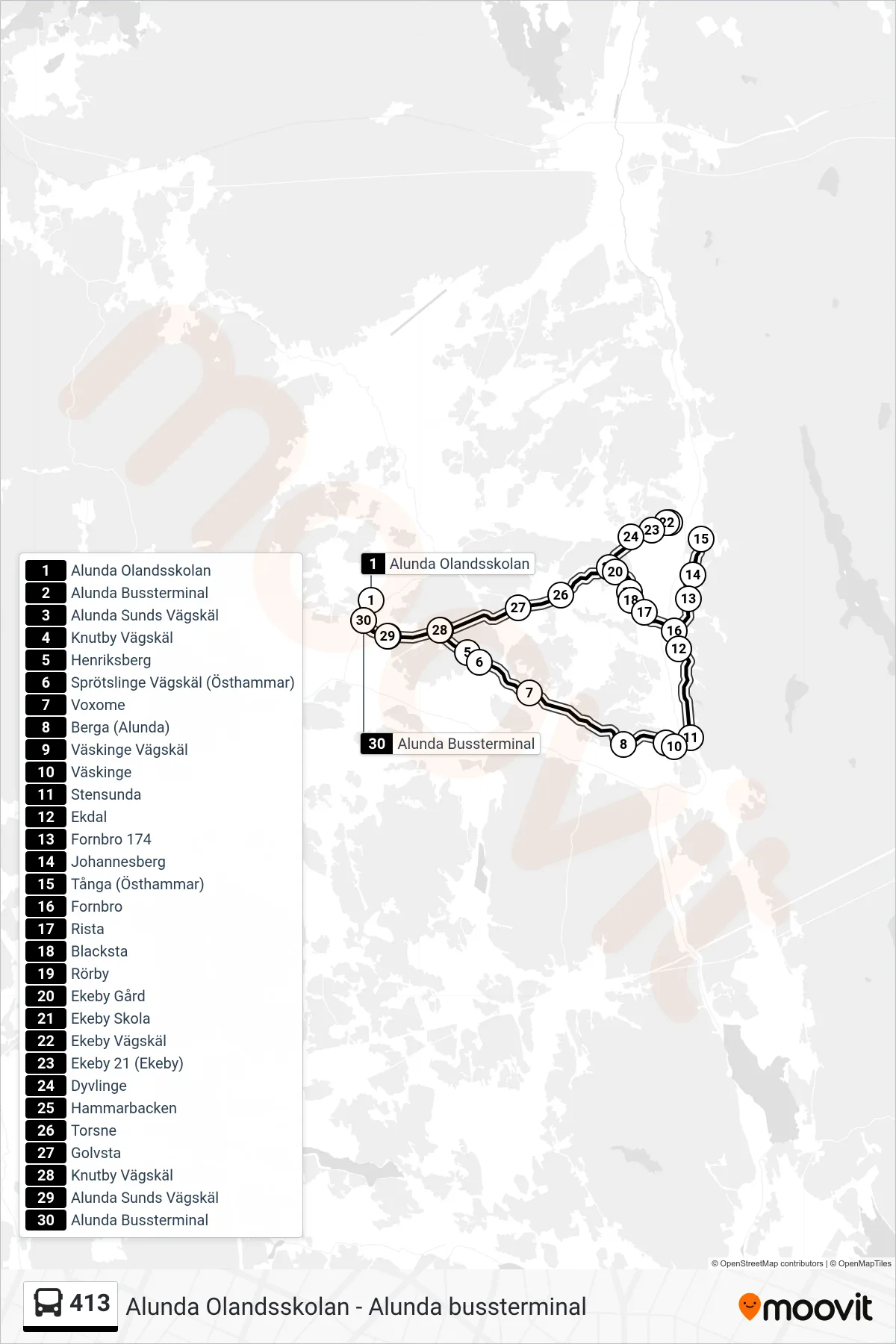 Rutt och hållplatser på karta för linje 413  buss, (Alunda Bussterminal)