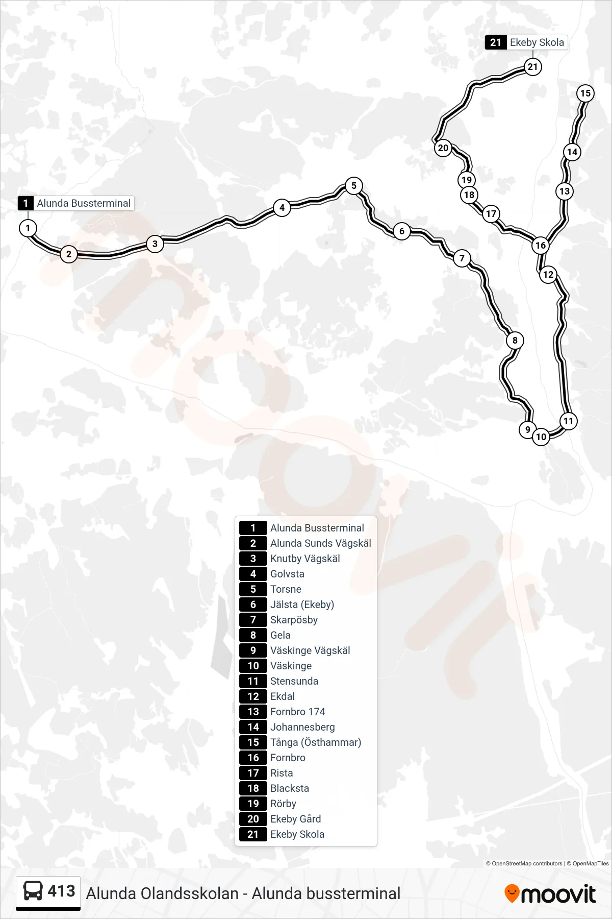 Rutt och hållplatser på karta för linje 413 buss, (Ekeby Skola)