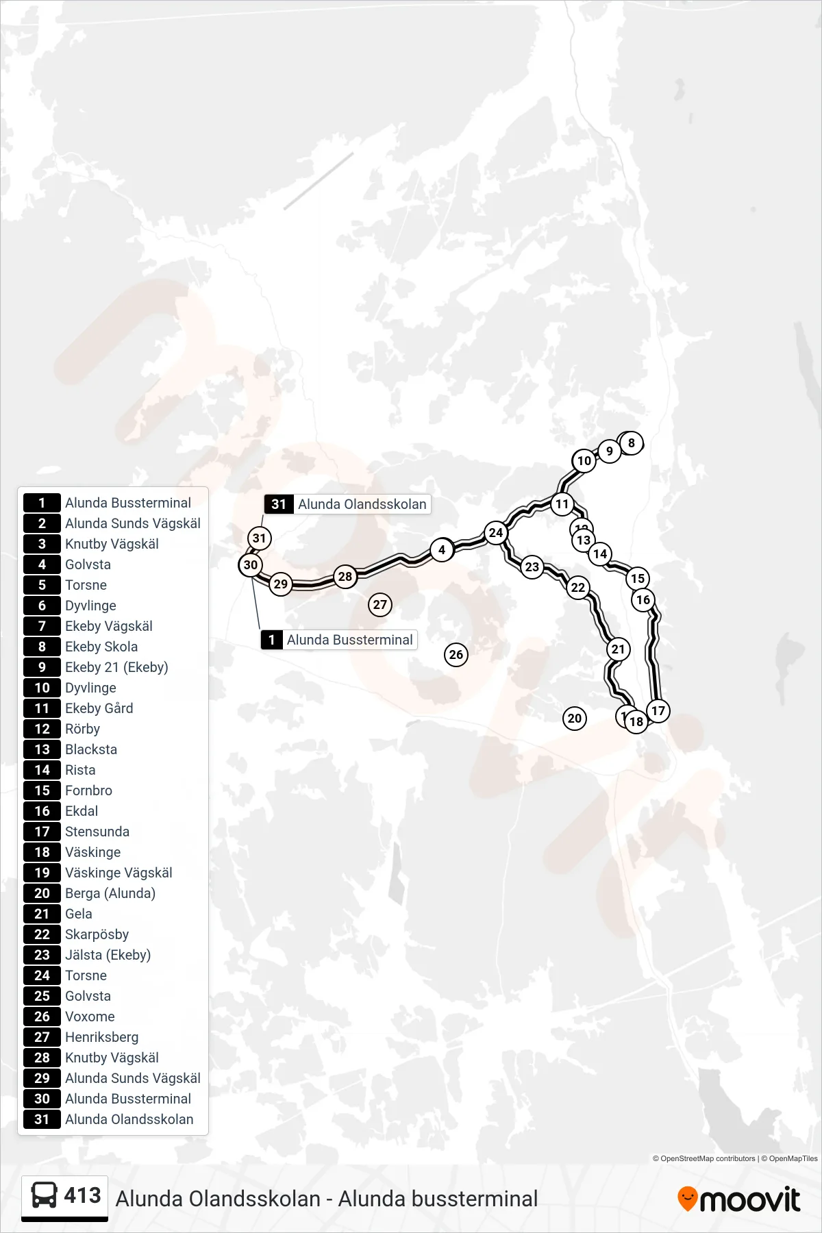 Rutt och hållplatser på karta för linje 413 buss, (Alunda Olandsskolan)