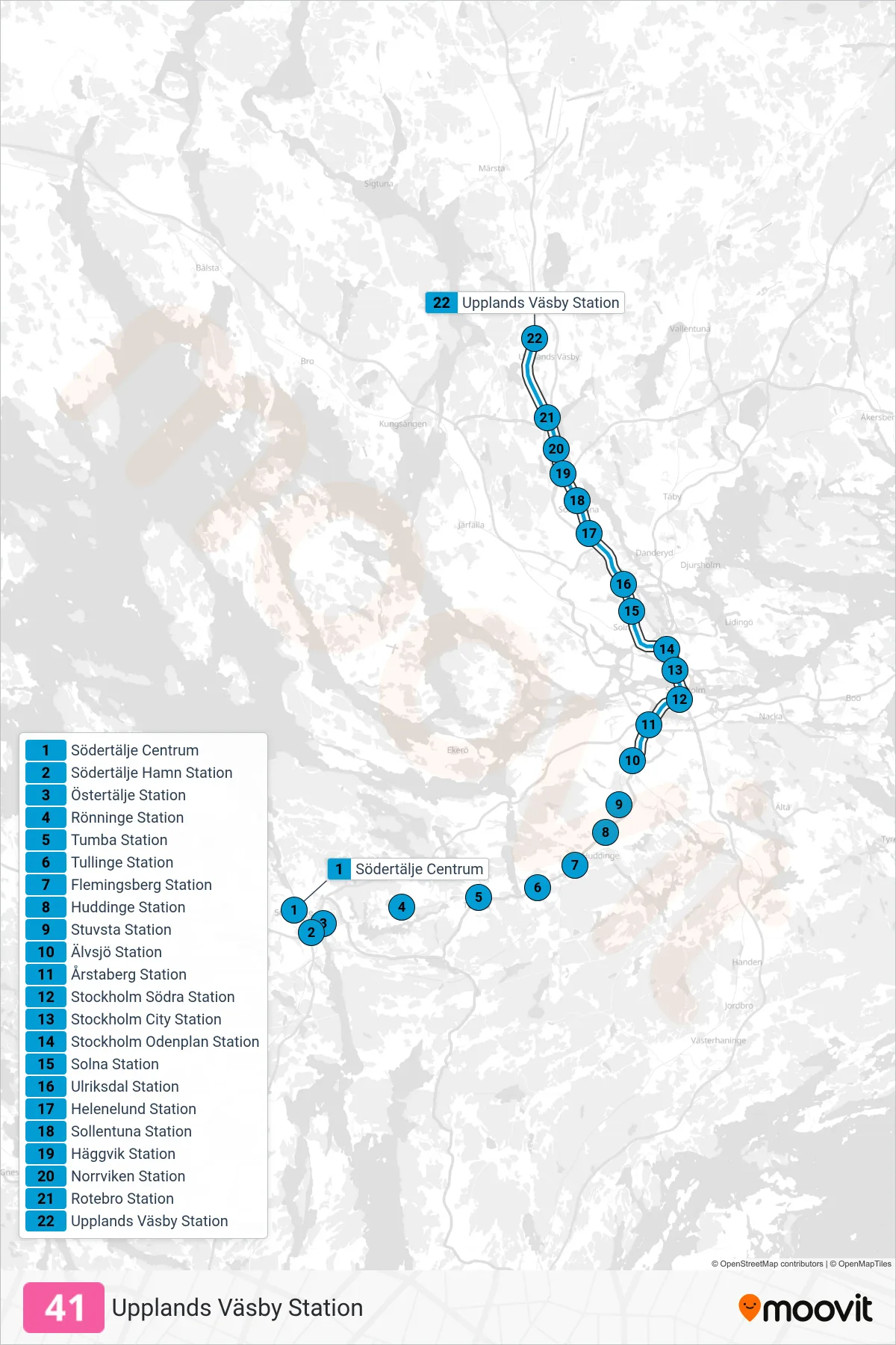 Rutt och hållplatser på karta för linje 41 tåg, (Upplands Väsby Station)