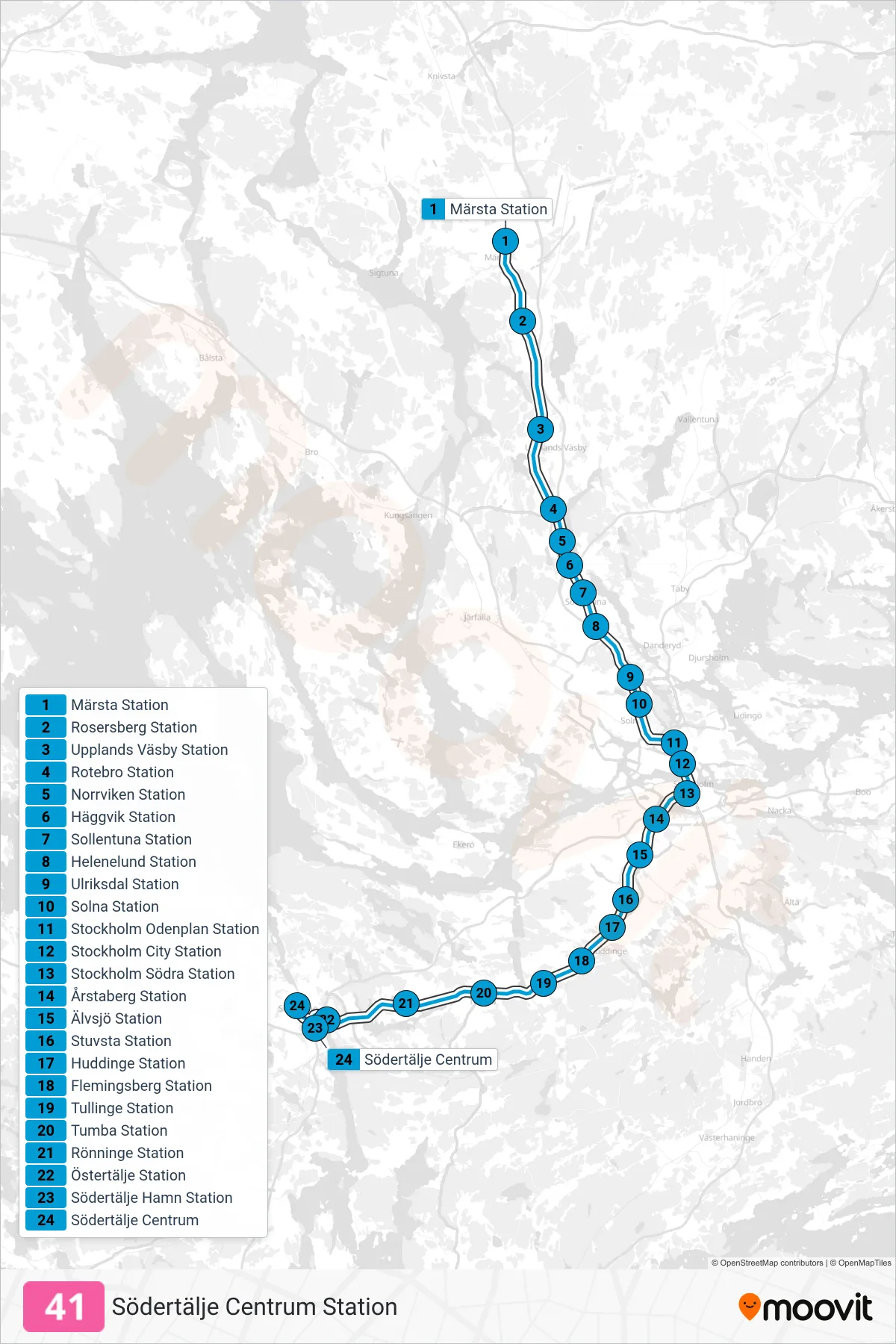 Rutt och hållplatser på karta för linje 41 tåg, (Södertälje Centrum Station)