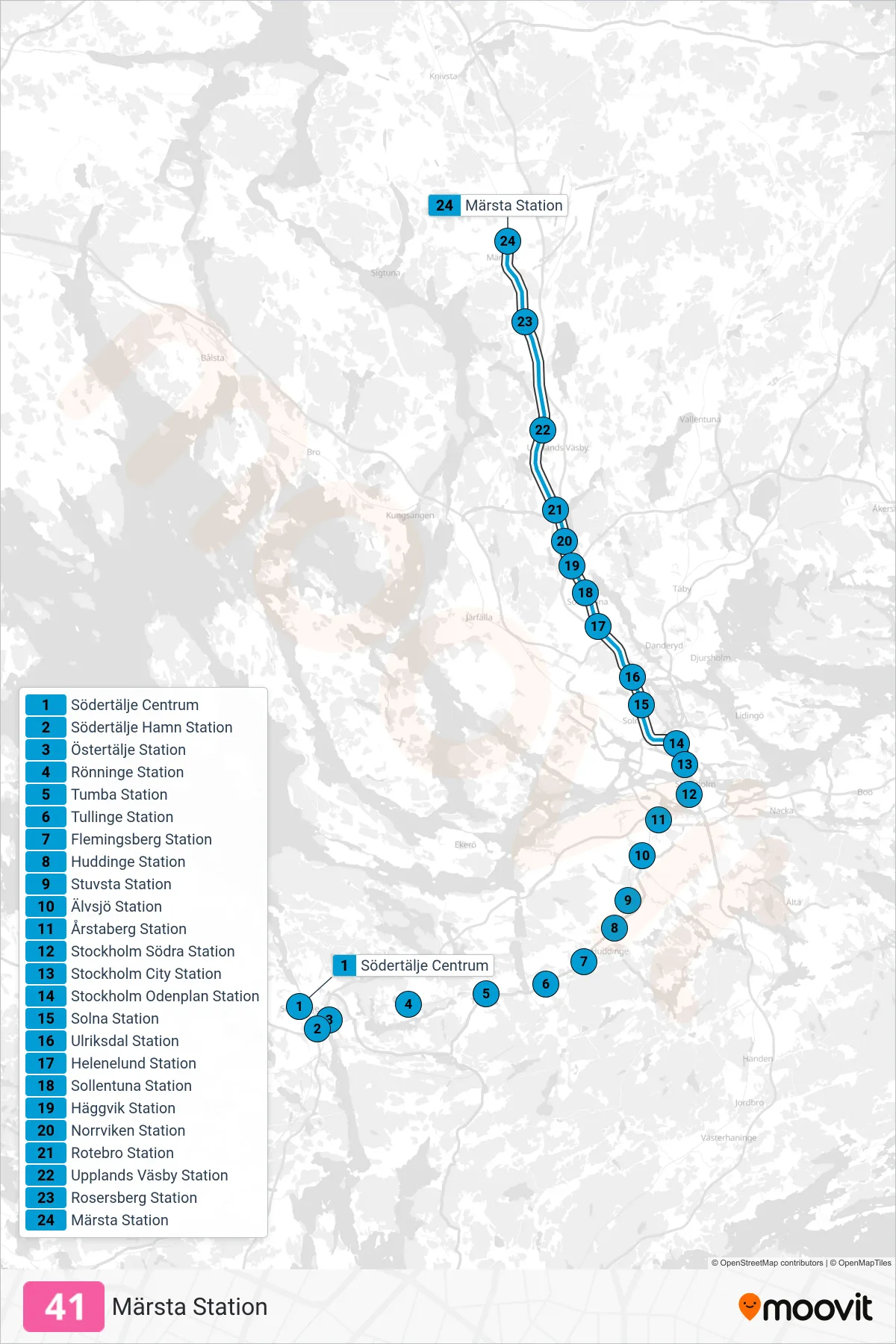 Rutt och hållplatser på karta för linje 41 tåg, (Märsta Station)