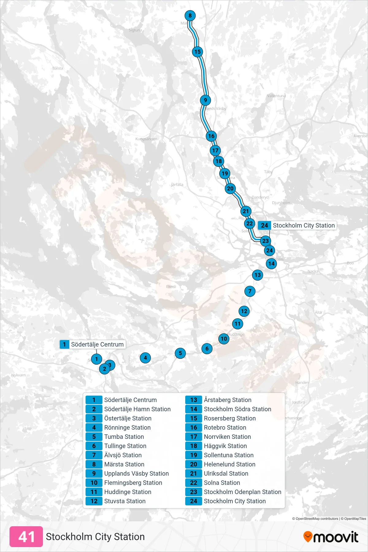 Rutt och hållplatser på karta för linje 41 tåg, (Stockholm City Station)