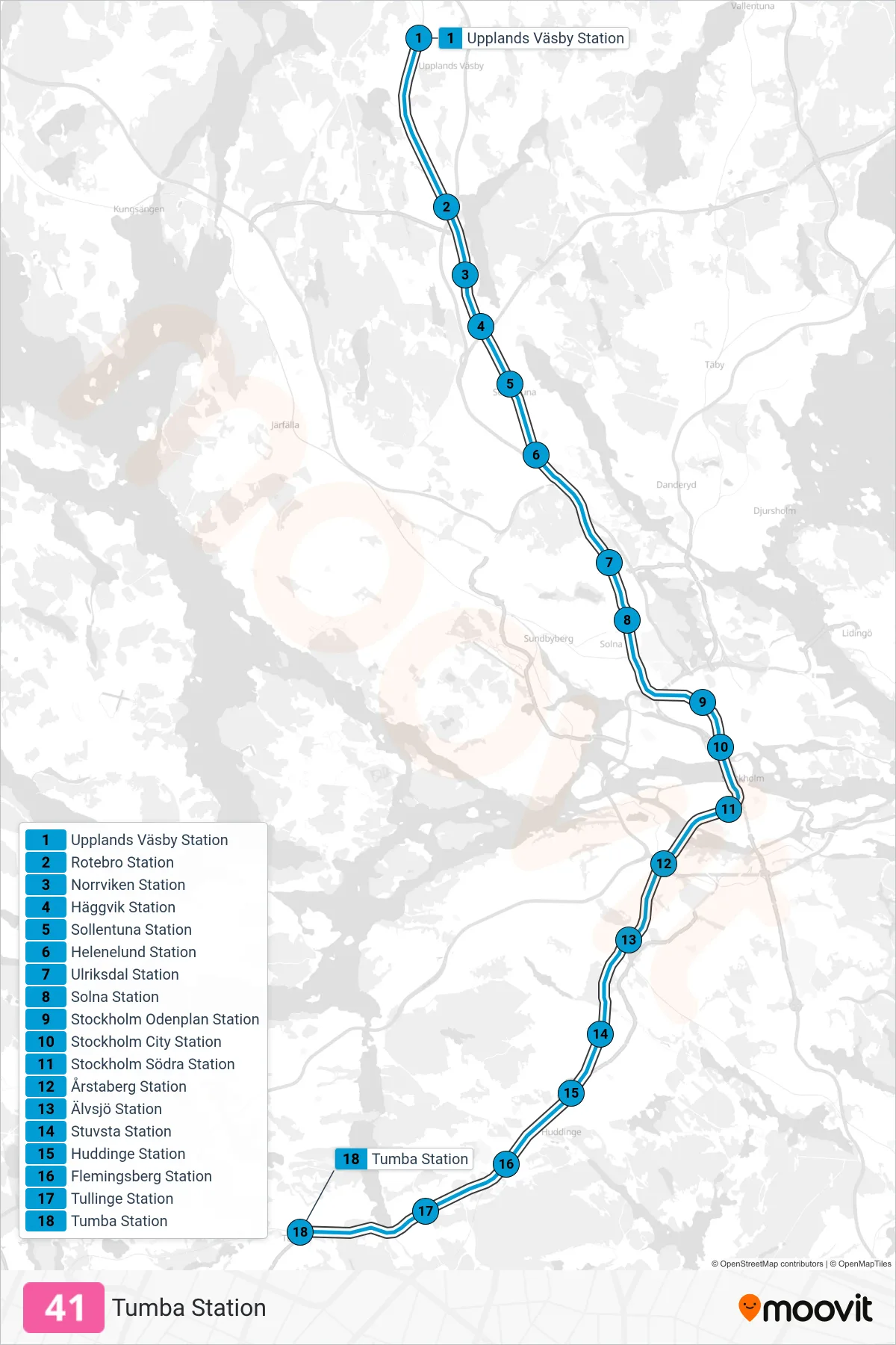 Rutt och hållplatser på karta för linje 41 tåg, (Tumba Station)