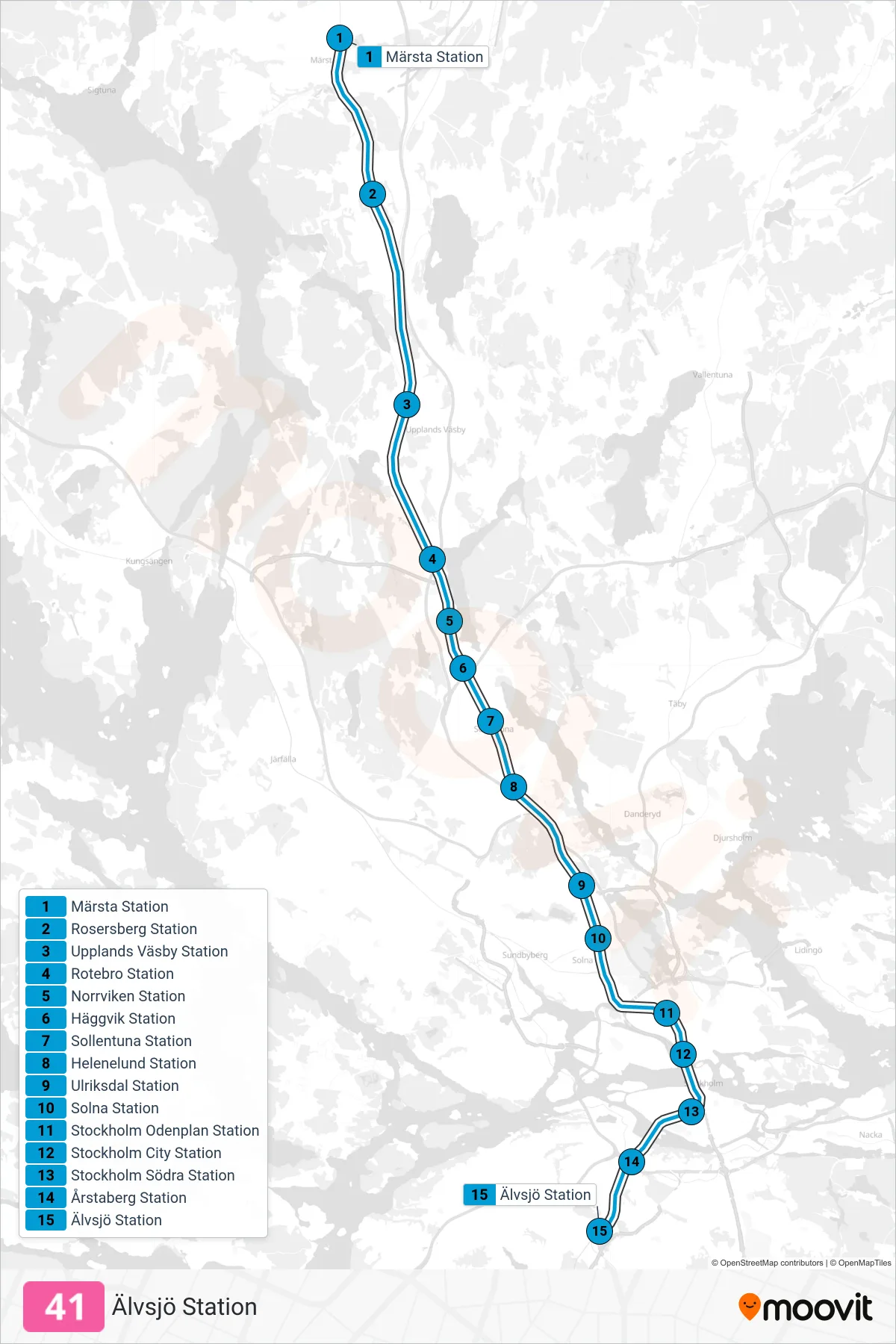 Rutt och hållplatser på karta för linje 41  tåg, (Älvsjö Station)