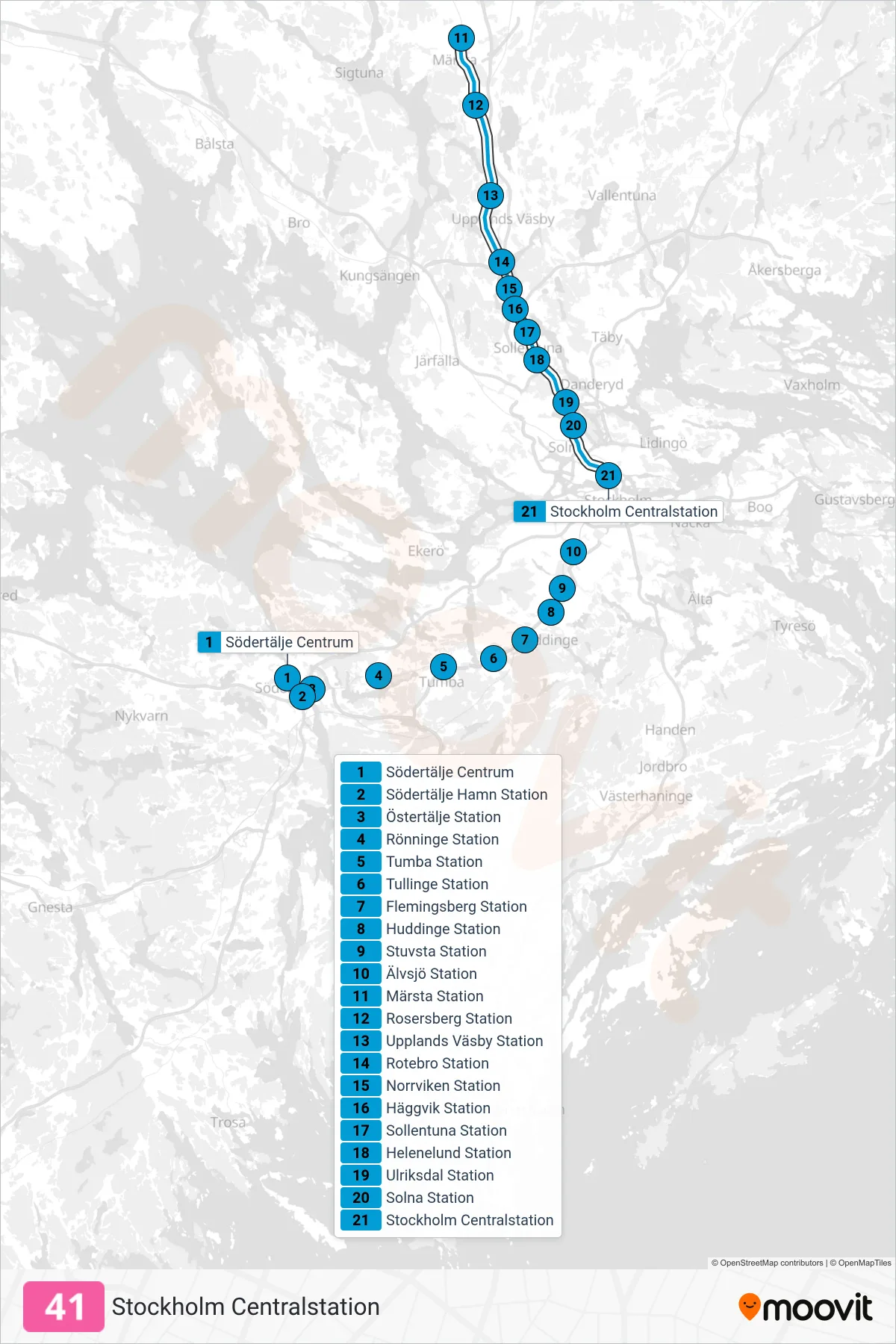 Rutt och hållplatser på karta för linje 41 tåg, (Stockholm Centralstation)