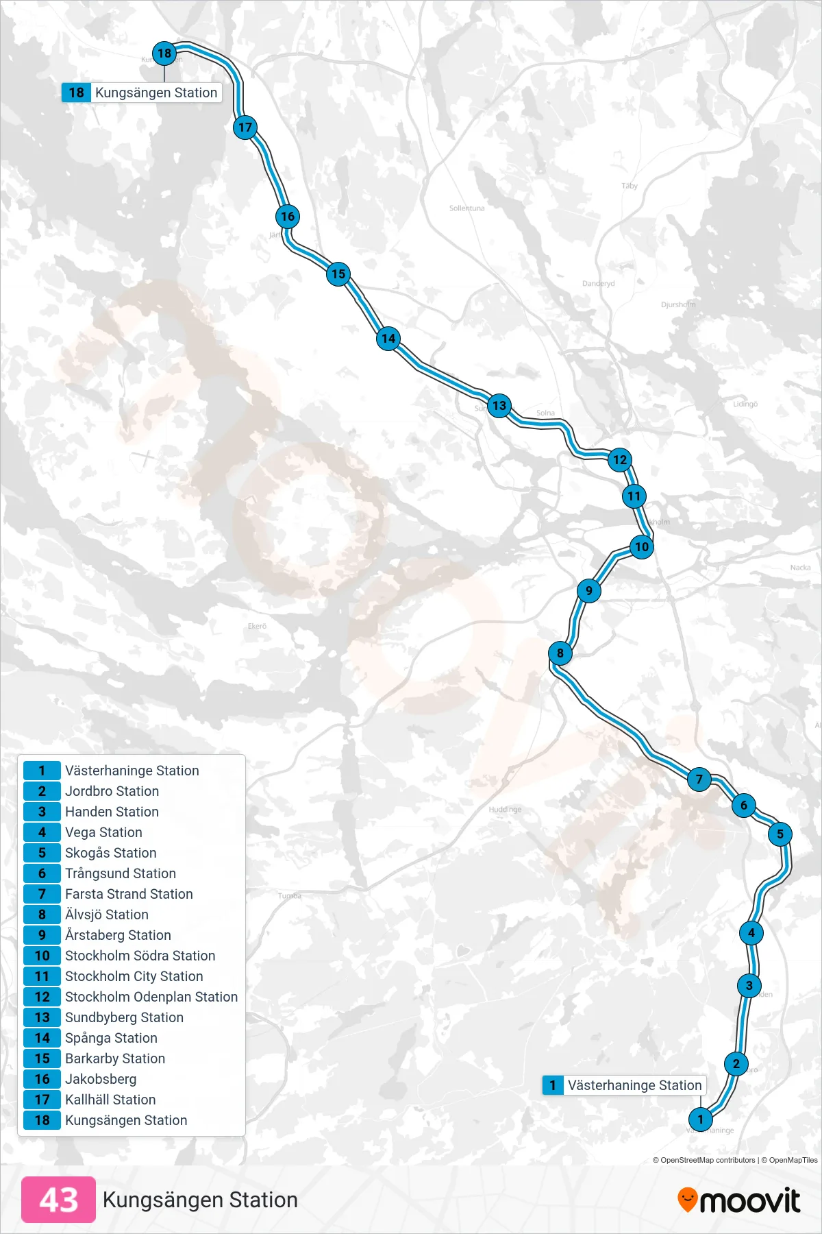 Rutt och hållplatser på karta för linje 43 tåg, (Kungsängen Station)