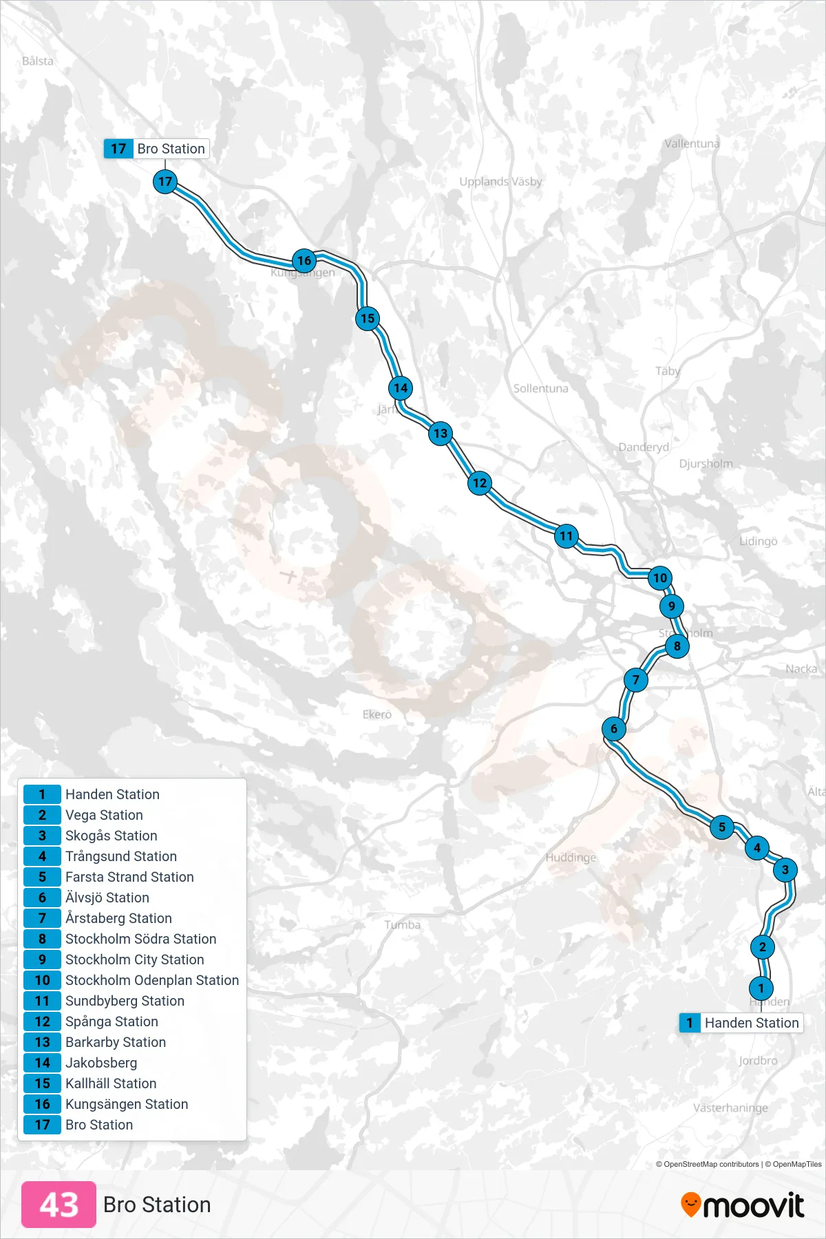 Rutt och hållplatser på karta för linje 43 tåg, (Bro Station)