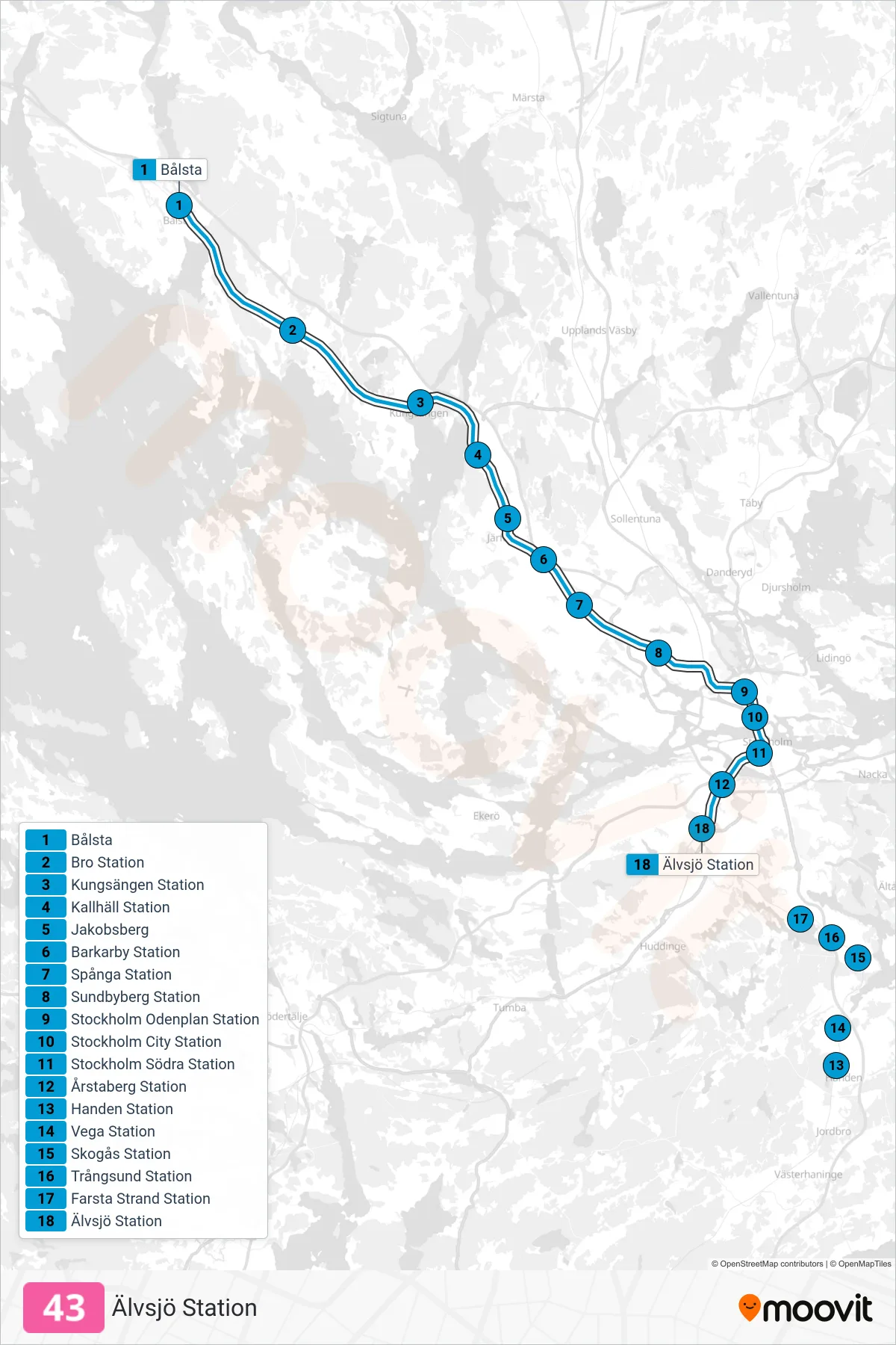 Rutt och hållplatser på karta för linje 43  tåg, (Älvsjö Station)