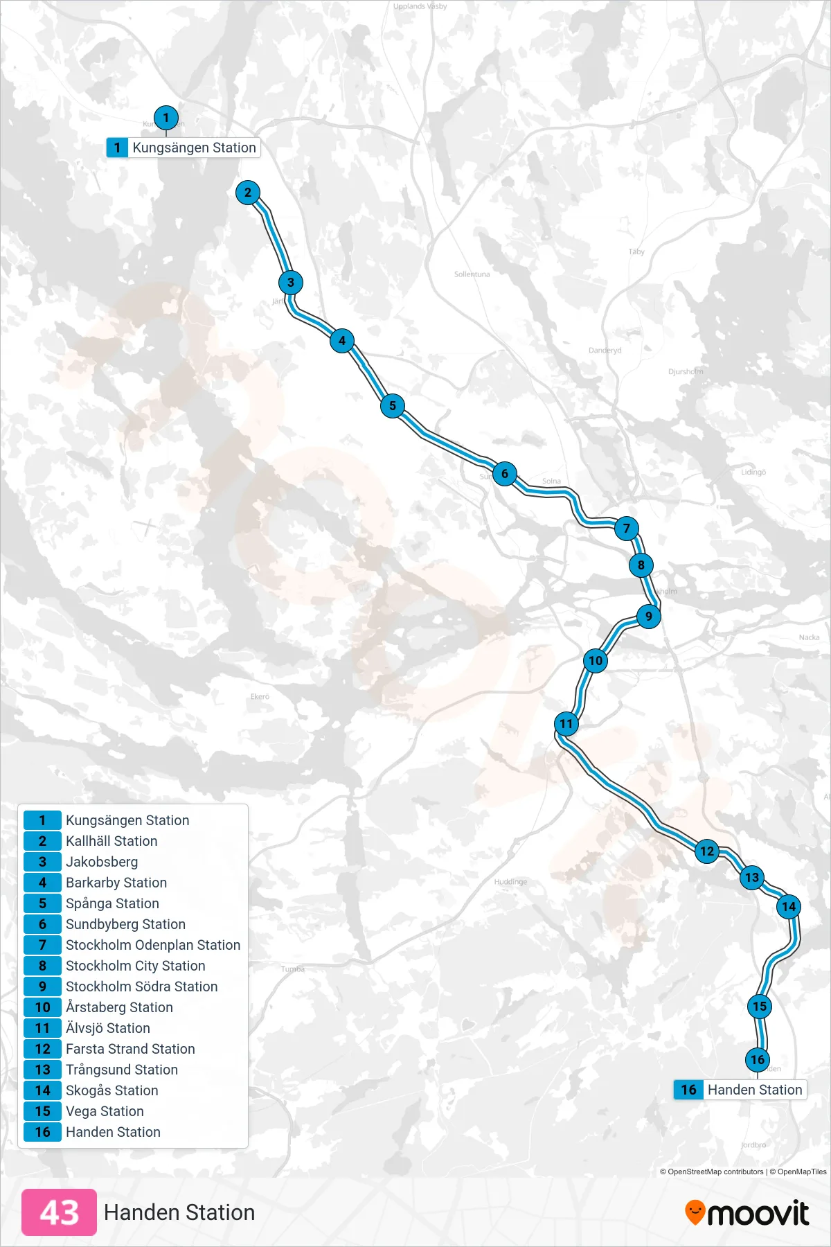 Rutt och hållplatser på karta för linje 43 tåg, (Handen Station)