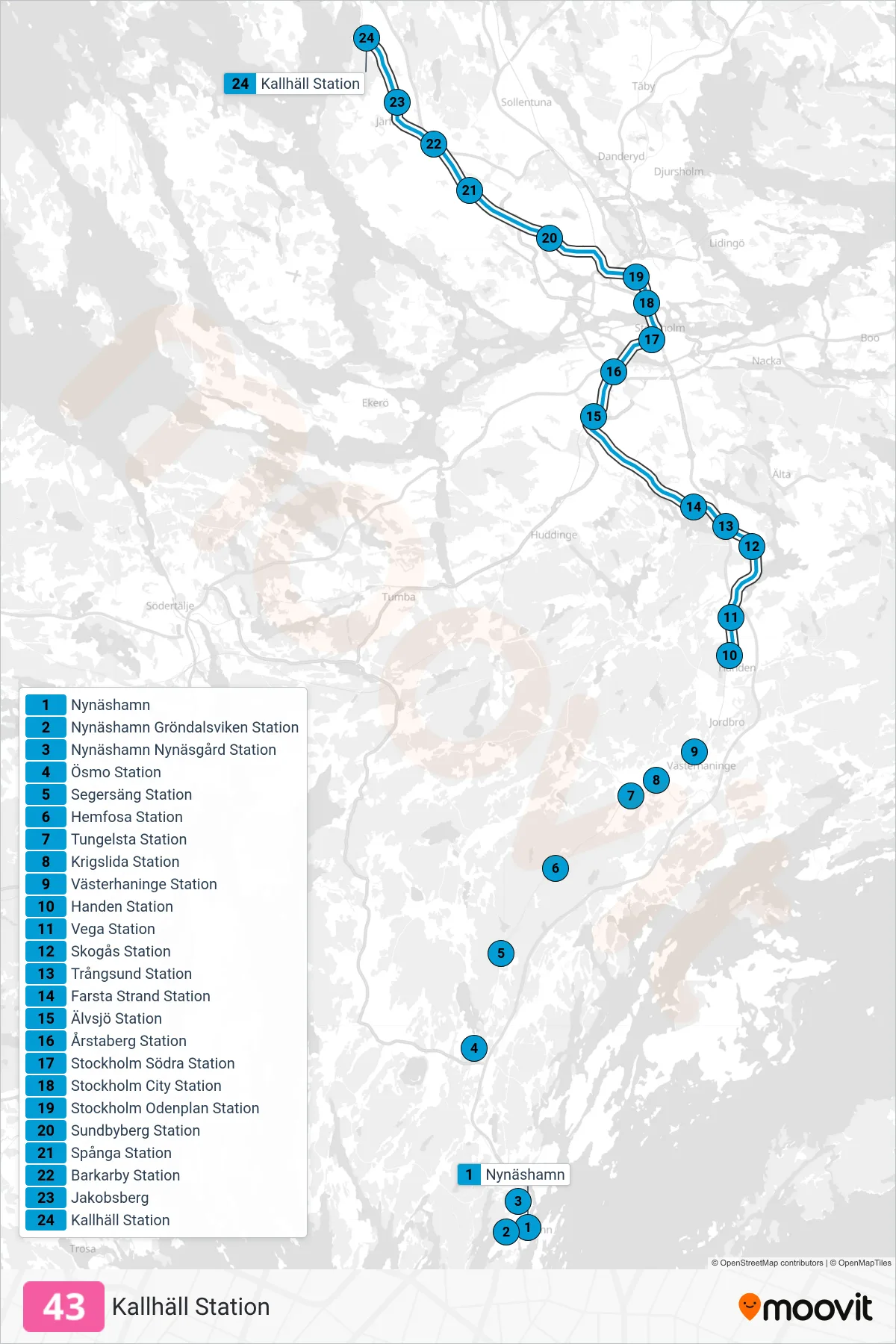 Rutt och hållplatser på karta för linje 43  tåg, (Kallhäll Station)