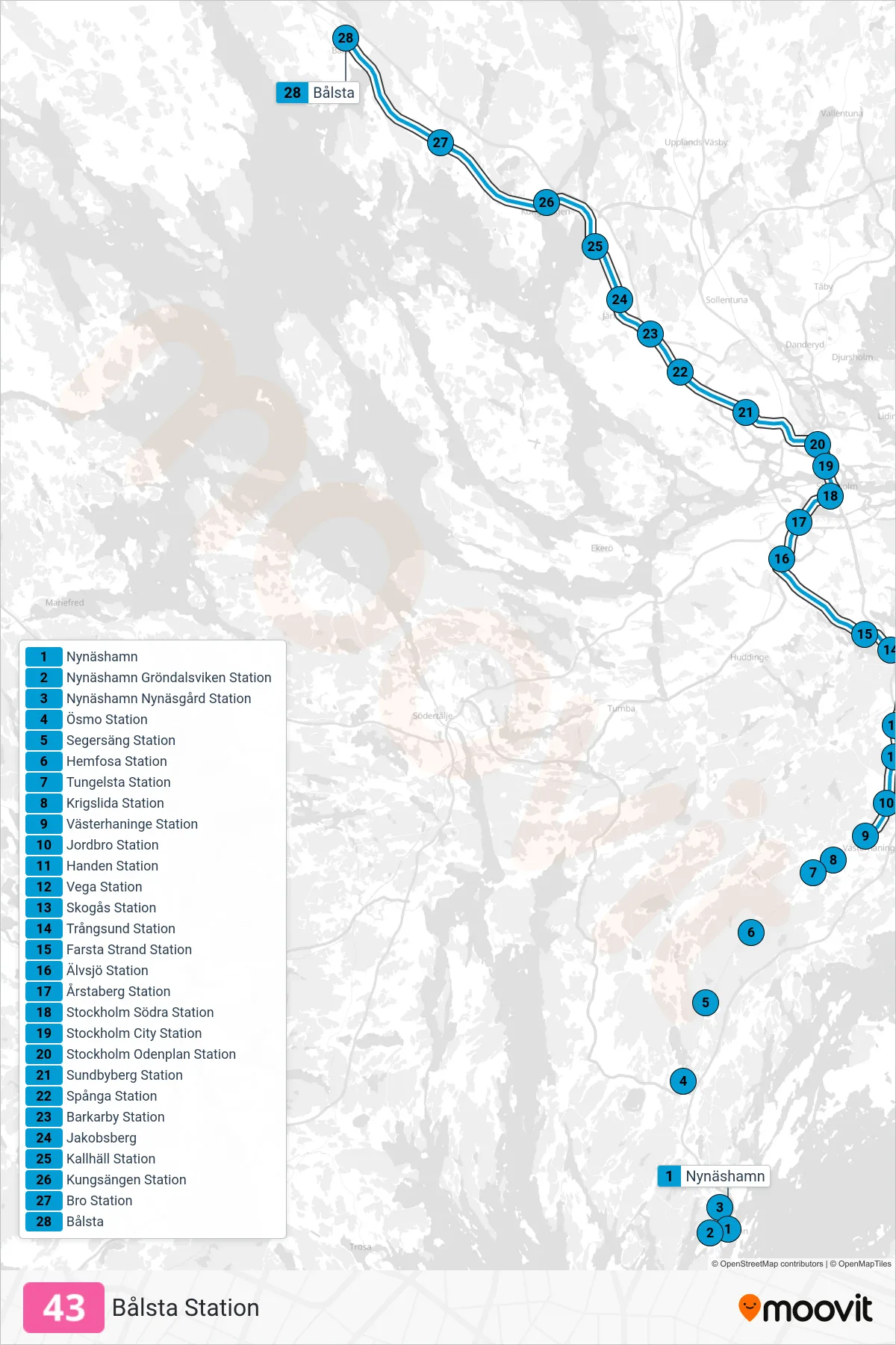 Rutt och hållplatser på karta för linje 43 tåg, (Bålsta Station)