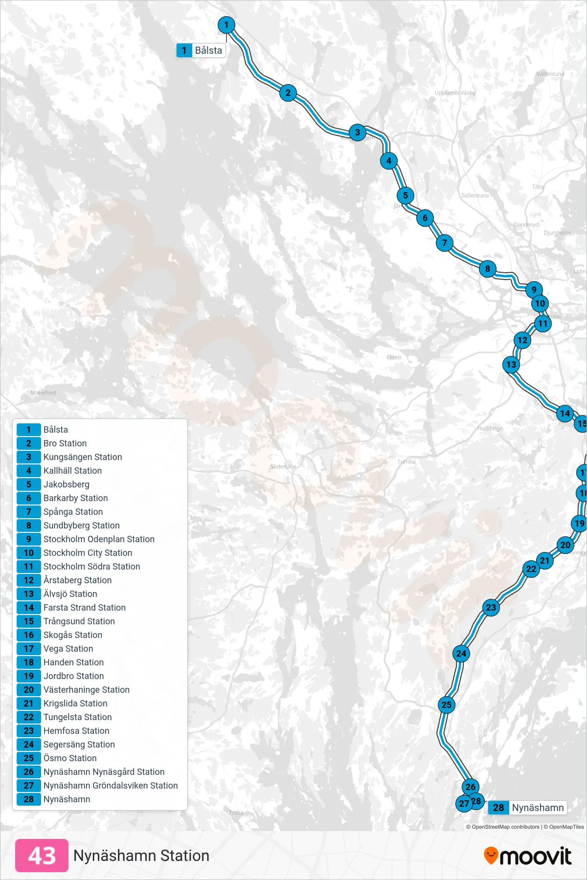 Rutt och hållplatser på karta för linje 43  tåg, (Nynäshamn Station)