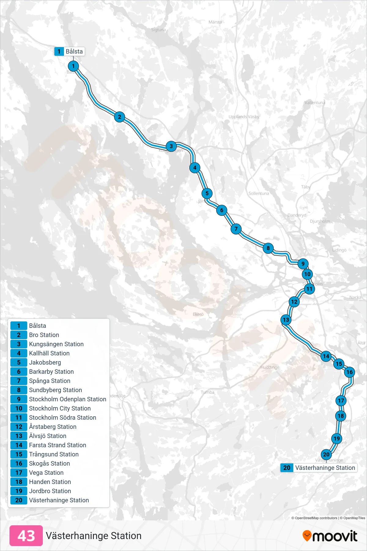 Rutt och hållplatser på karta för linje 43 tåg, (Västerhaninge Station)