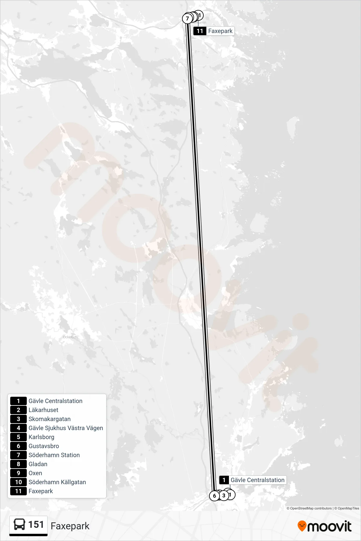 Rutt och hållplatser på karta för linje 151  spårvagn, (Faxepark)
