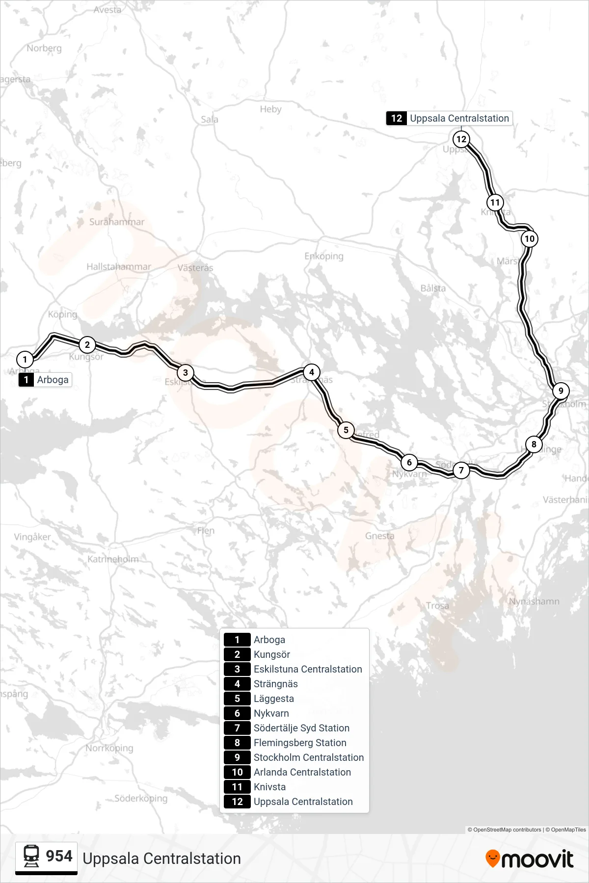 Rutt och hållplatser på karta för linje 954 tåg, (Uppsala Centralstation)