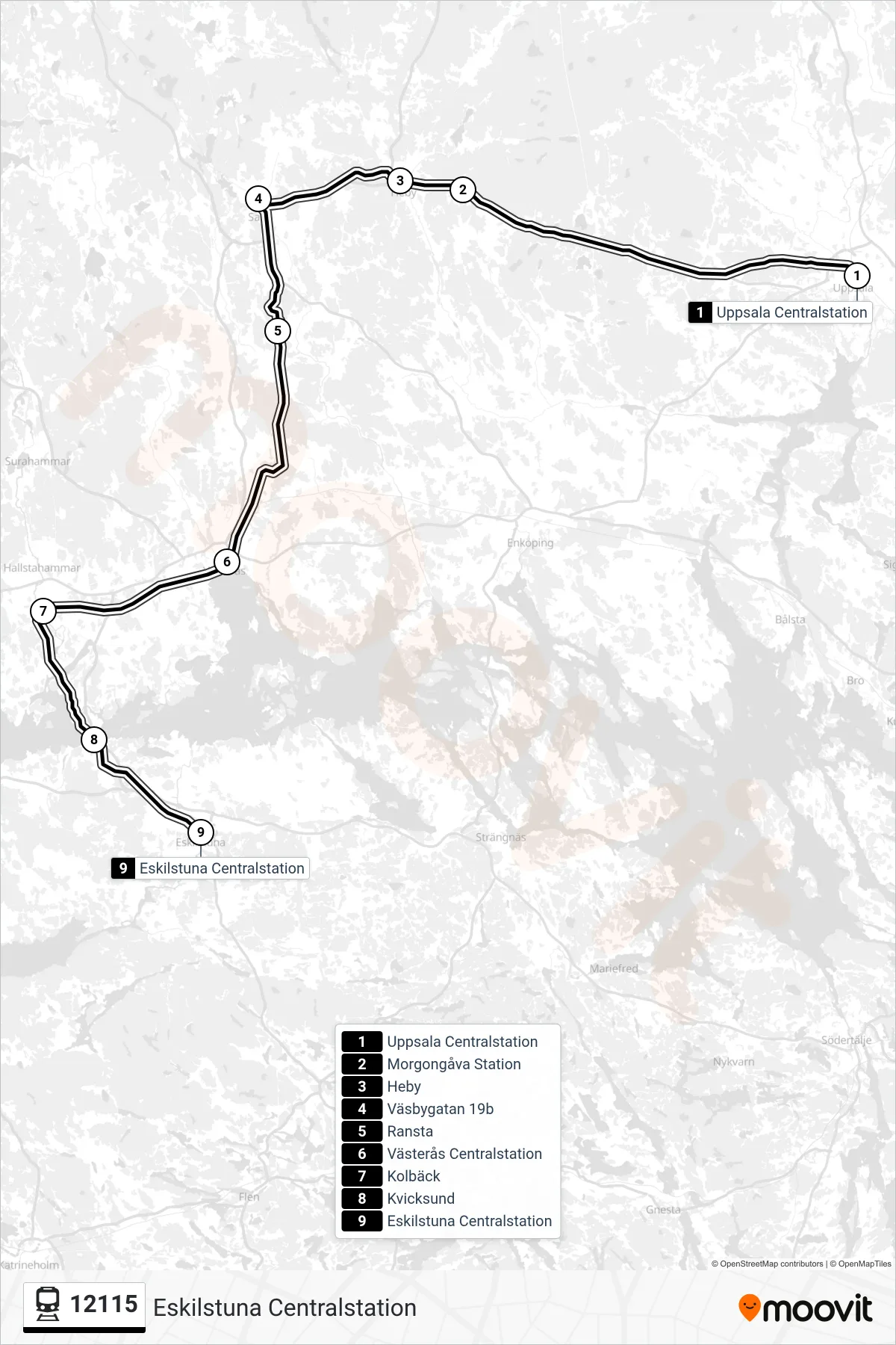 Rutt och hållplatser på karta för linje 12115 järnväg, (Eskilstuna Centralstation)