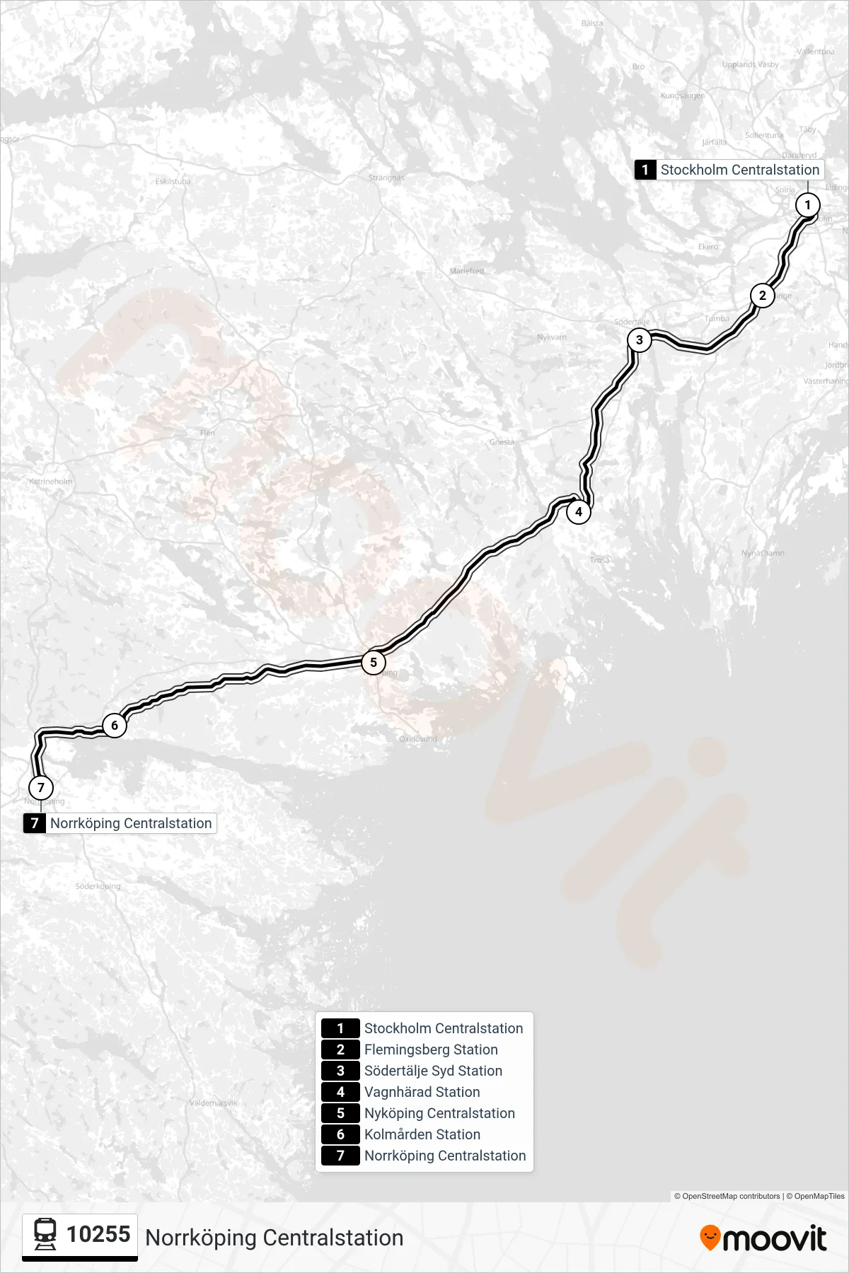 Rutt och hållplatser på karta för linje 10255 tåg, (Norrköping Centralstation)