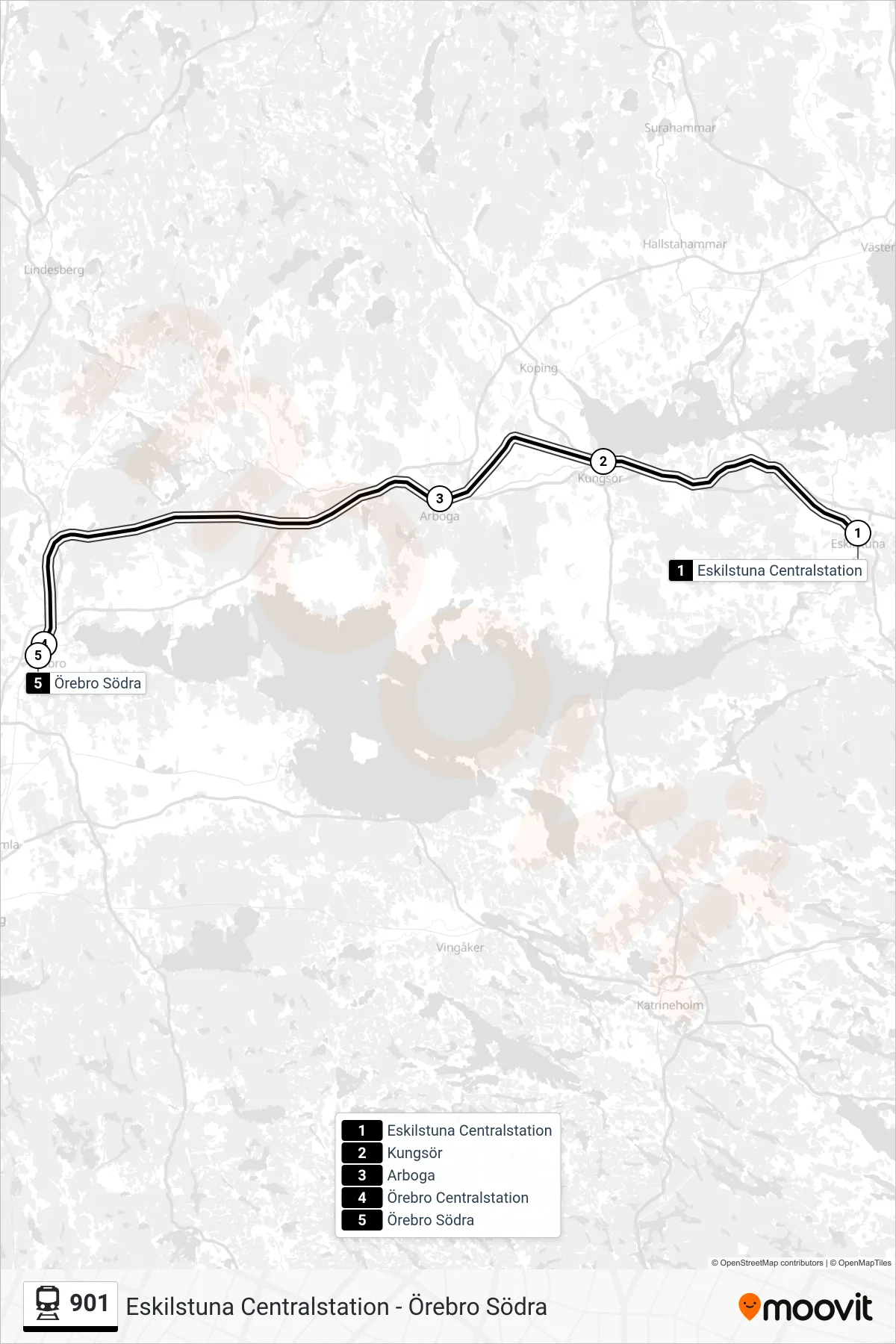 Rutt och hållplatser på karta för linje 901 tåg, (Örebro Södra Station)