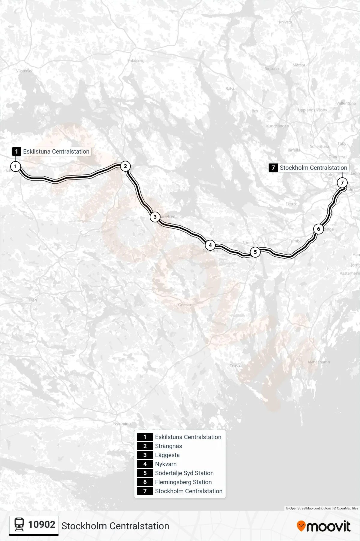 Rutt och hållplatser på karta för linje 10902  tåg, (Stockholm Centralstation)