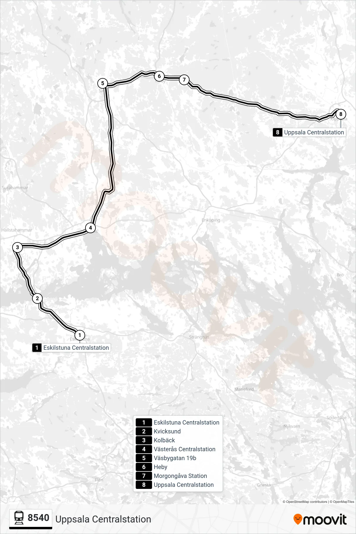 Rutt och hållplatser på karta för linje 8540  tåg, (Uppsala Centralstation)