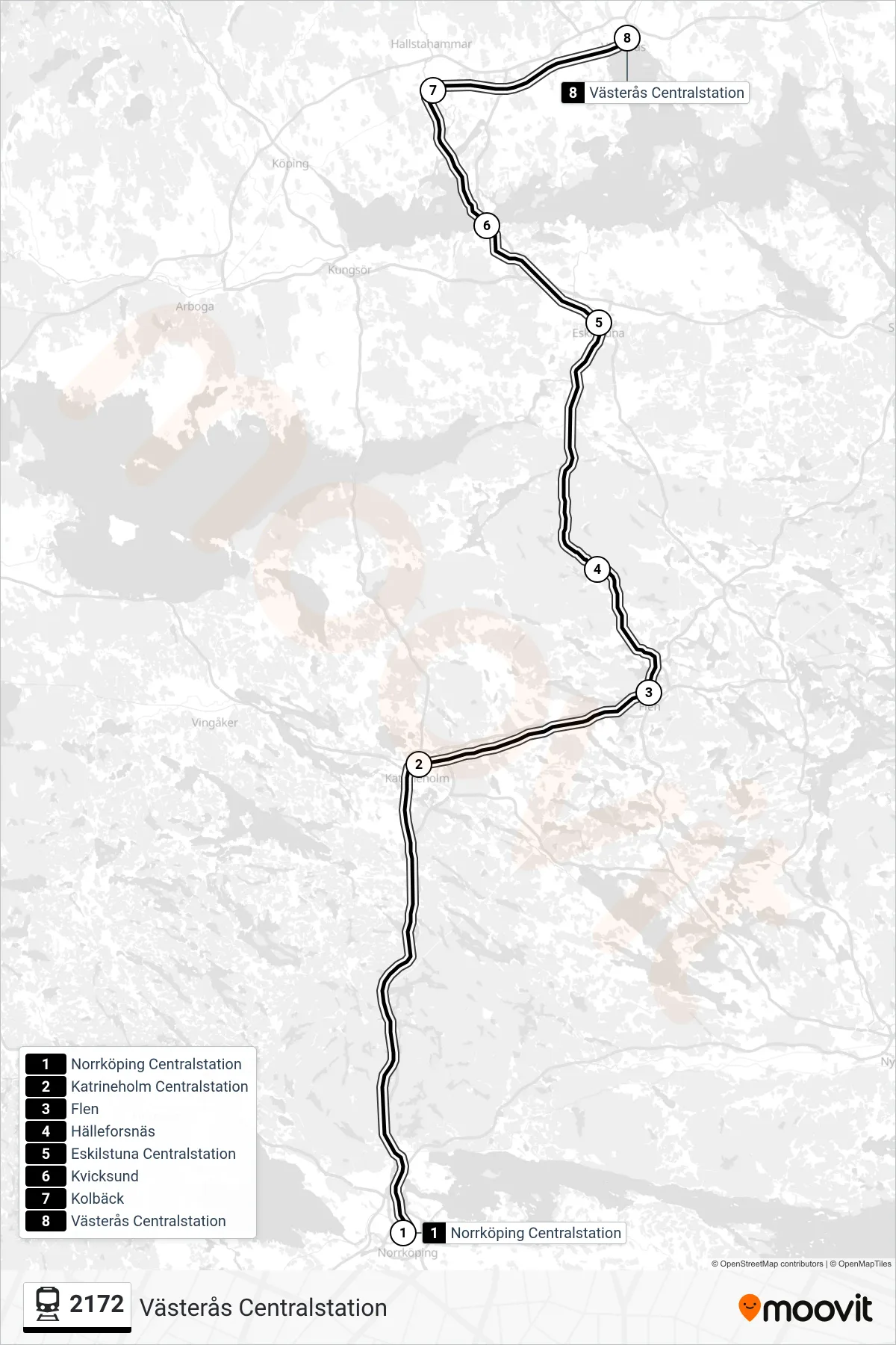 Rutt och hållplatser på karta för linje 2172 tåg, (Västerås Centralstation)