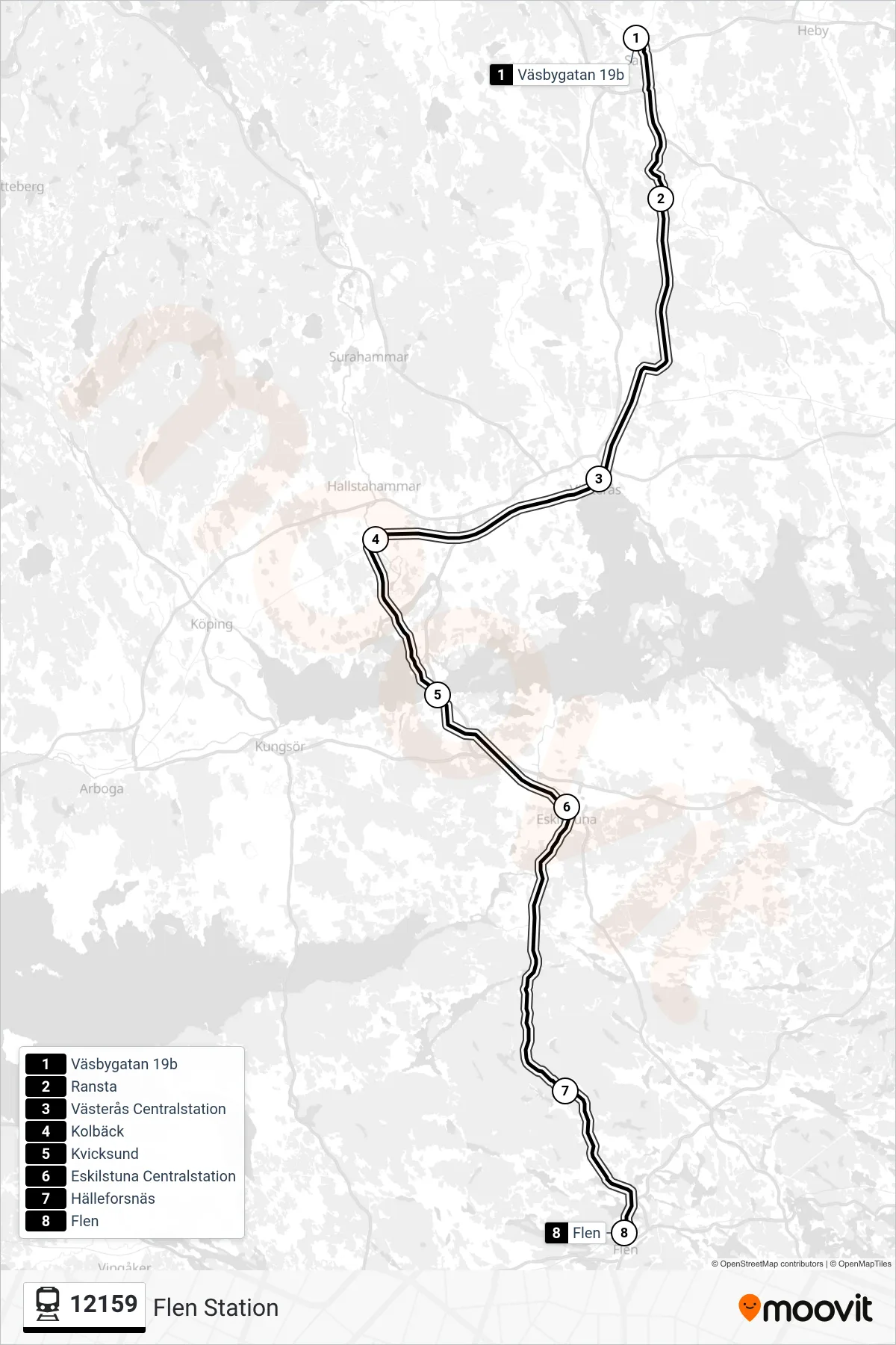 Rutt och hållplatser på karta för linje 12159  tåg, (Flen Station)