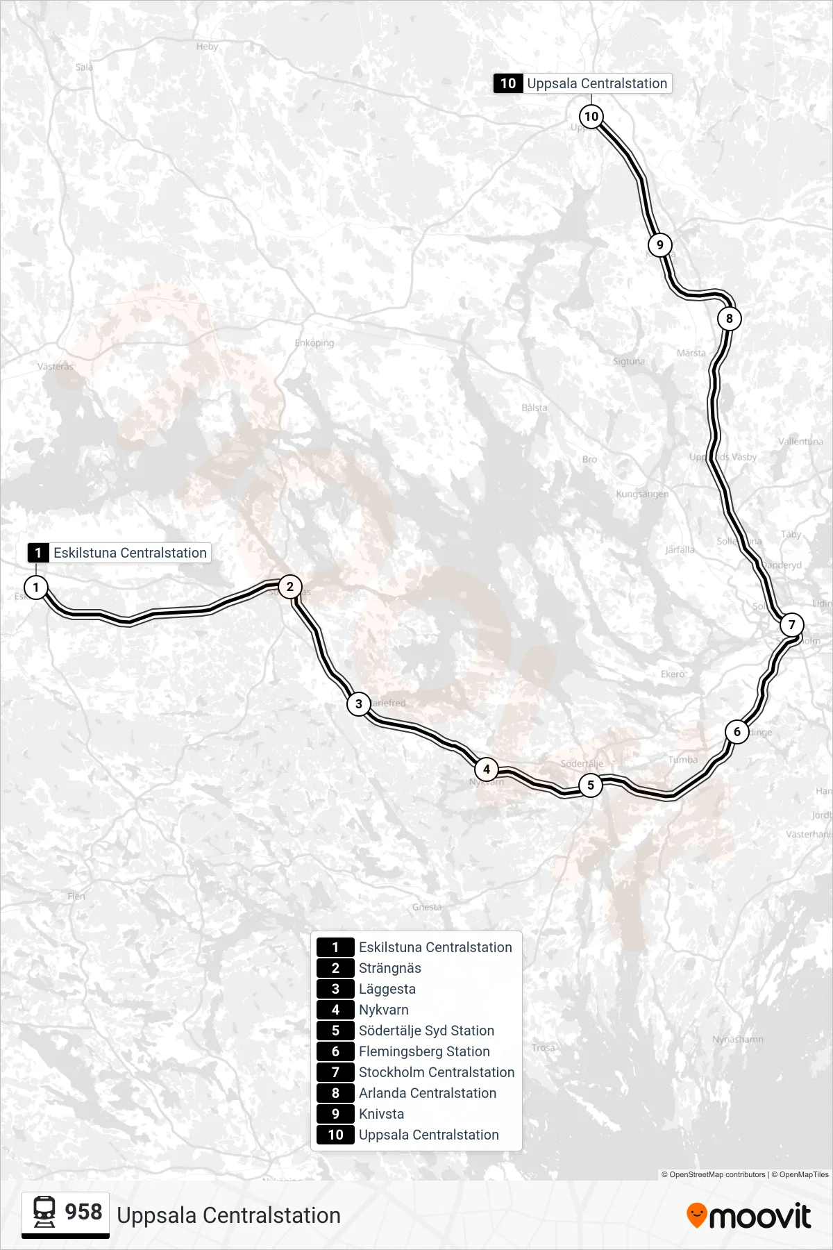 Rutt och hållplatser på karta för linje 958 tåg, (Uppsala Centralstation)