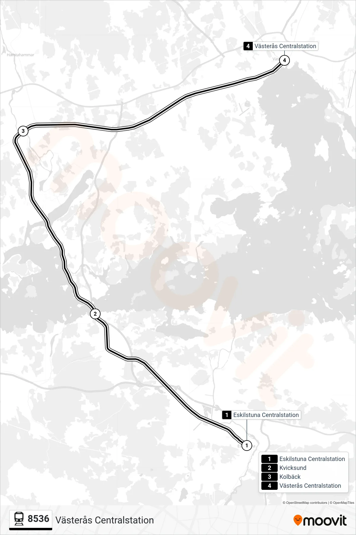 Rutt och hållplatser på karta för linje 8536  järnväg, (Västerås Centralstation)