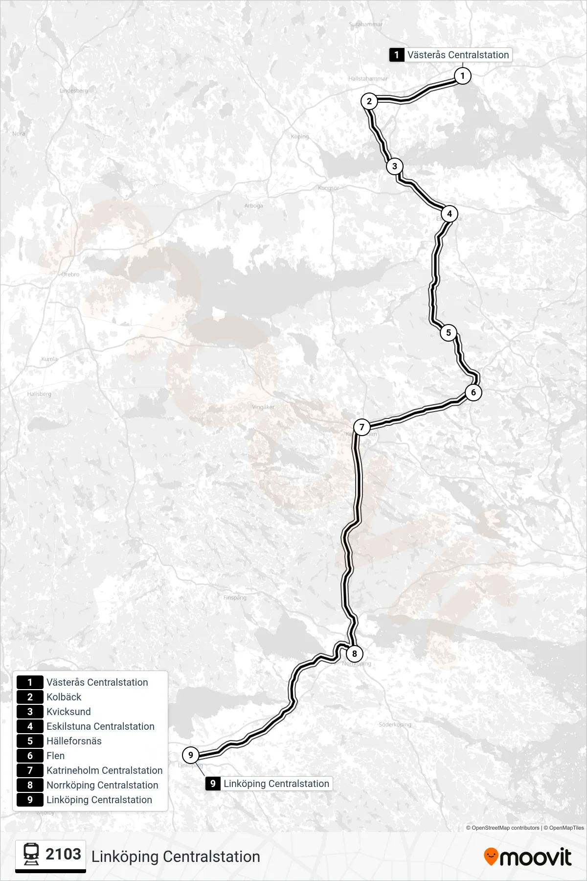 Rutt och hållplatser på karta för linje 2103 tåg, (Linköping Centralstation)