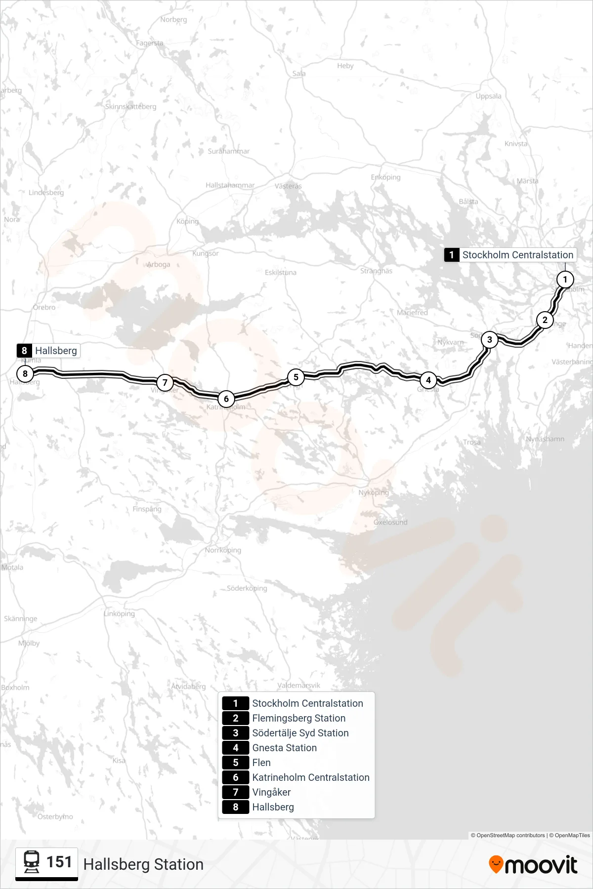 Rutt och hållplatser på karta för linje 151 tåg, (Hallsberg Station)