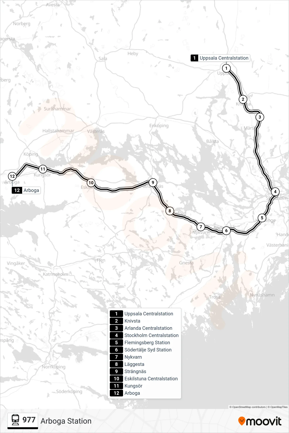 Rutt och hållplatser på karta för linje 977 tåg, (Arboga Station)