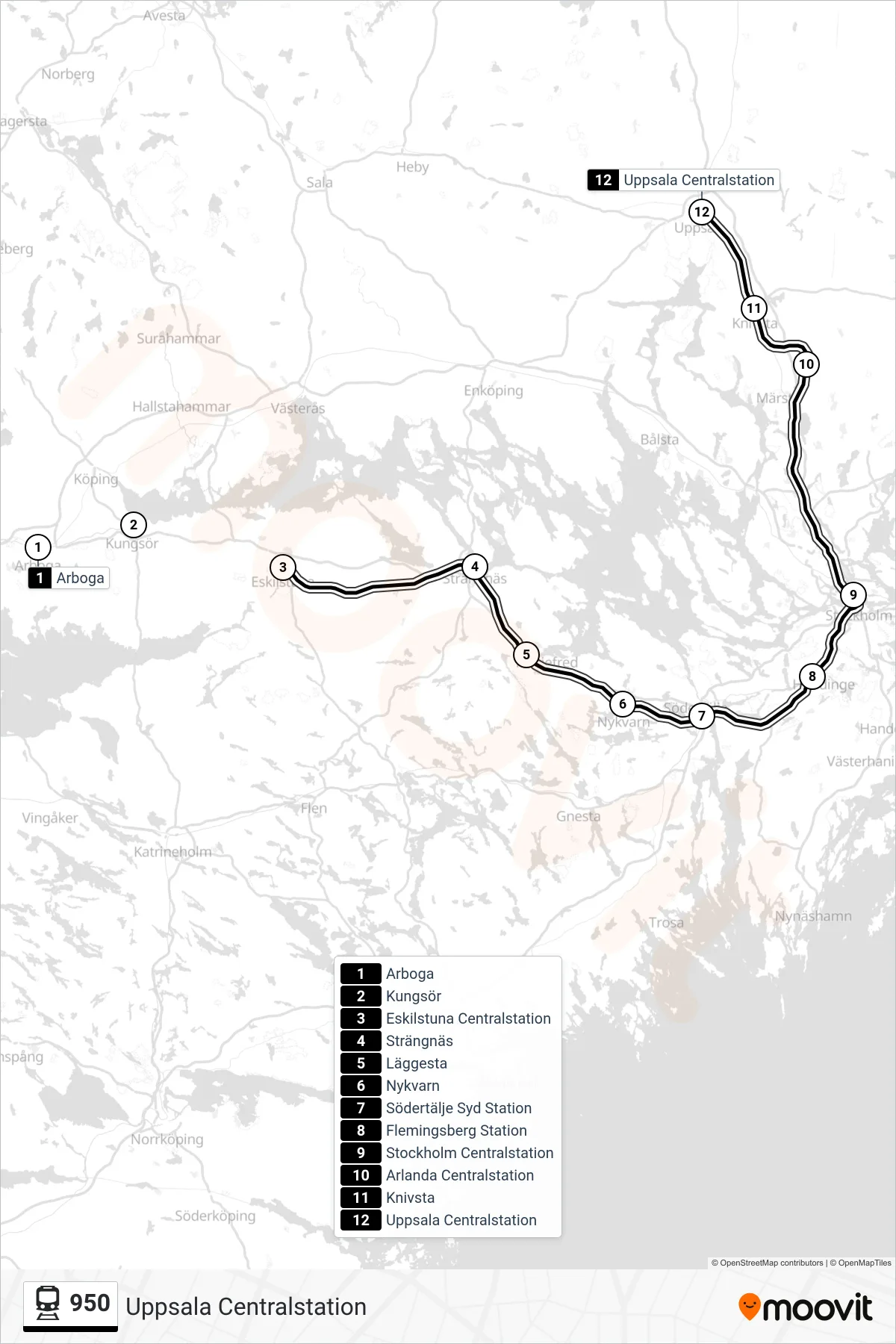 Rutt och hållplatser på karta för linje 950  tåg, (Uppsala Centralstation)